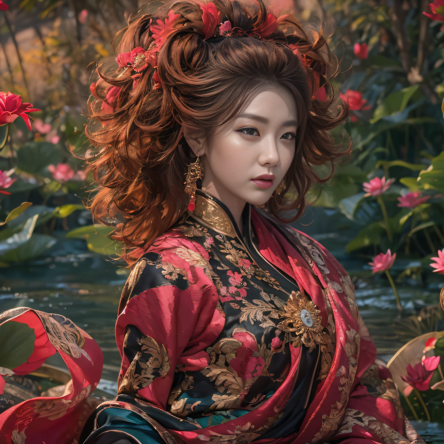32K(tmasterpiece,k hd,hyper HD,32K)Large curls,Flowing rouge,ponds,zydink, a color, Asian people (Silly girl), (Silk scarf), Combat posture, looking at the ground, Large rolls of rouge, Flowing rouge curls,Onyx emerald headdress, Chinese long-sleeved black gold garment, (abstract ink splash:1.2), Pink lotus background,Water lily flower protector(realisticlying:1.4),Rouge hair,Autumn is in full swing,The background is pure, A high resolution, the detail, RAW photogr, Sharp Re, Nikon D850 Film Stock Photo by Jefferies Lee 4 Kodak Portra 400 Camera F1.6 shots, Rich colors, ultra-realistic vivid textures, Dramatic lighting, Unreal Engine Art Station Trend, cinestir 800,Large curls,Flowing rouge