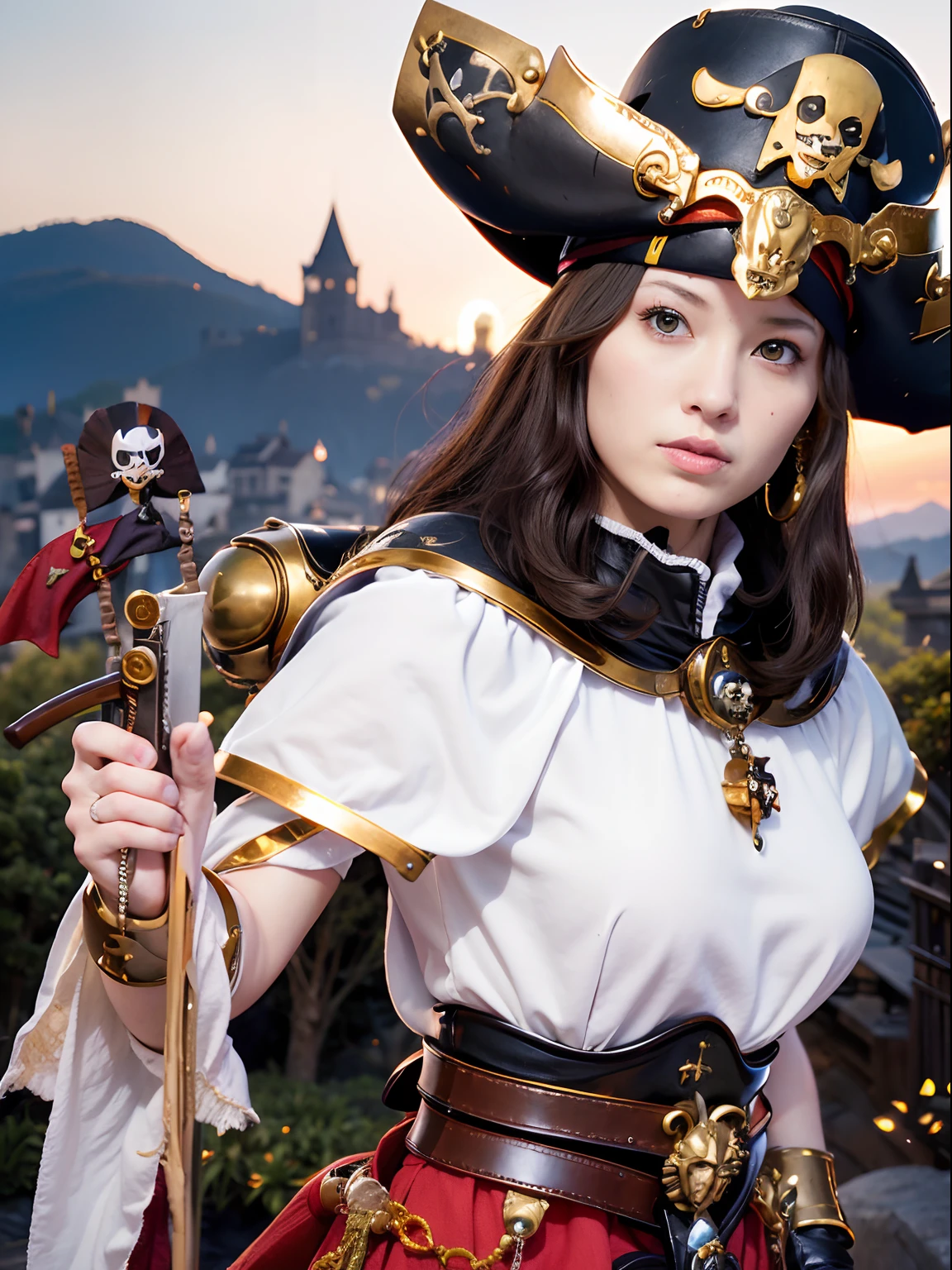 (masutepiece), Professional , ​masterpiece、top-quality、photos realistic , depth of fields （Gemstone Silver Metal Body:1.９),(Matte White、Jewel Gold Weapon、（Gorgeous castle background）、（Put on a pirate hat）、（Jewel Metal Body:1.４),Gorgeous Jewel Metal Weapons , Detailed Sword of the Brave ,（ Soldier background in metal armor） 、 warhammer 40k , adepta sororitas,Detail and ornate jewel crown、独奏、Black hair、（Gangle's forest background）、Beautiful Caucasian beauty、１a person、dynamic ungle,(((Skull Pirate Hat)))、a small face、A smile、Powerful poses、（Gorgeous castle background）、huge filesize、20 year old beautiful woman、Stand in the center of the screen、Thin female fingers、Straight long hair、Beautiful Caucasian beauty、Whole body、Slender Abs、