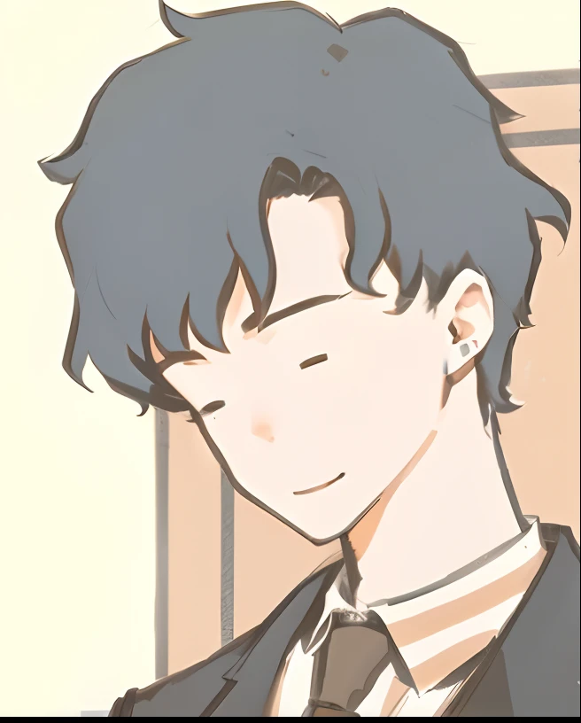 Anime boy in suit and tie looking at his phone, lofi portrait, Praise Artstyle, Inspired by Bian Shoumin, [[[[grinning evily]]]], he has short curly brown hair, Detailed anime soft face, in an anime style, smileing nright, right - half a cheerful face, lofi feel