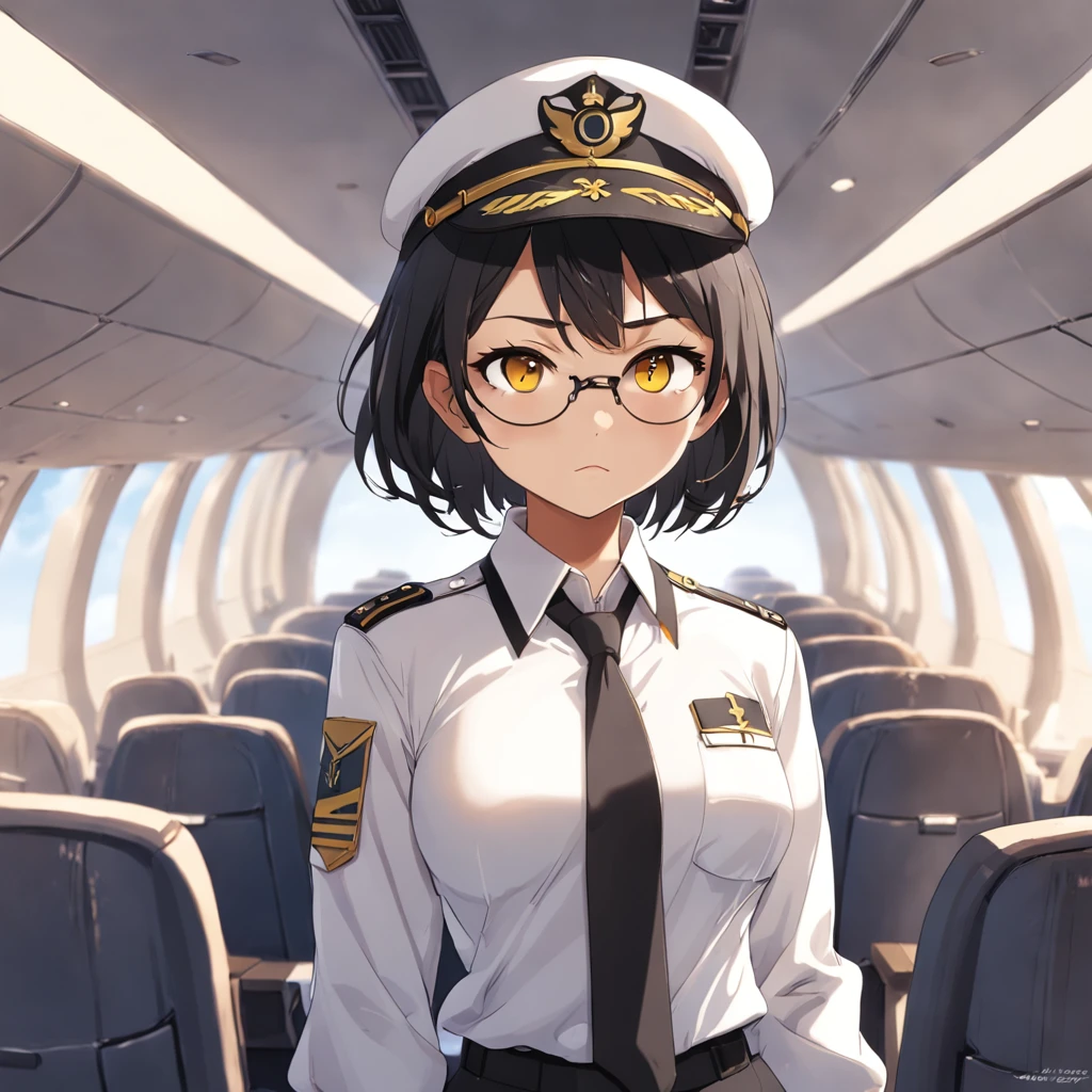 1girl, short black bob hair, yellow eyes, Round glasses, tan skin, BROWN SKIN, SHE HAS LIGHT MIXED SKIN, petite body, wearing plain white formal work shirt, wearing long black pants, business tie, absurdres, high res, ultrasharp, 8k, masterpiece, looking at viewer, cat ears, airline pilot uniform, airline pilot hat, white background, short sleeve, bangs, flat chest, whiskers, androgynous,