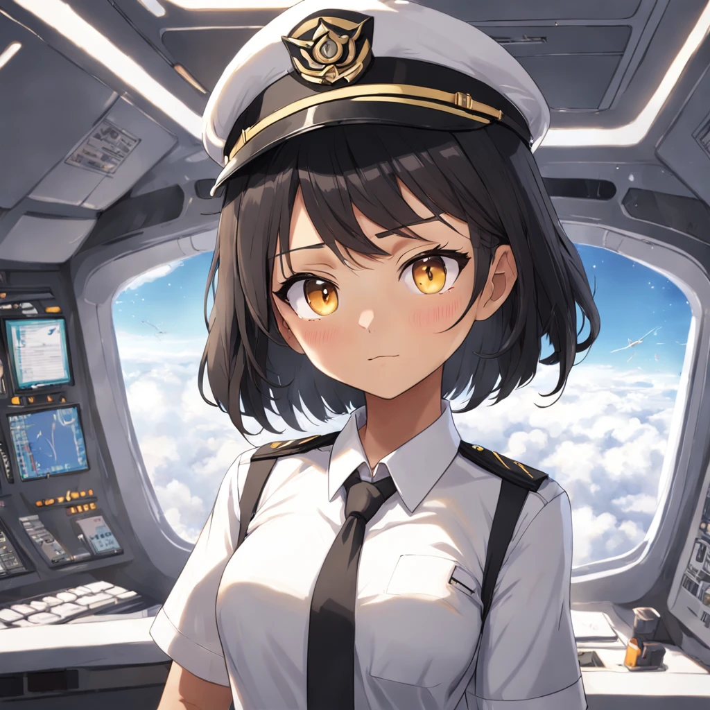 1girl, short black bob hair, yellow eyes, Round glasses, tan skin, BROWN SKIN, SHE HAS LIGHT MIXED SKIN, petite body, wearing plain white formal work shirt, wearing long black pants, business tie, absurdres, high res, ultrasharp, 8k, masterpiece, looking at viewer, cat ears, airline pilot uniform, airline pilot hat, white background, short sleeve, bangs, flat chest, whiskers, androgynous,