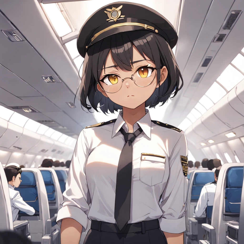 1girl, short black bob hair, yellow eyes, Round glasses, tan skin, BROWN SKIN, SHE HAS LIGHT MIXED SKIN, petite body, wearing plain white formal work shirt, wearing long black pants, business tie, absurdres, high res, ultrasharp, 8k, masterpiece, looking at viewer, cat ears, airline pilot uniform, airline pilot hat, white background, short sleeve, bangs, flat chest, whiskers, androgynous,