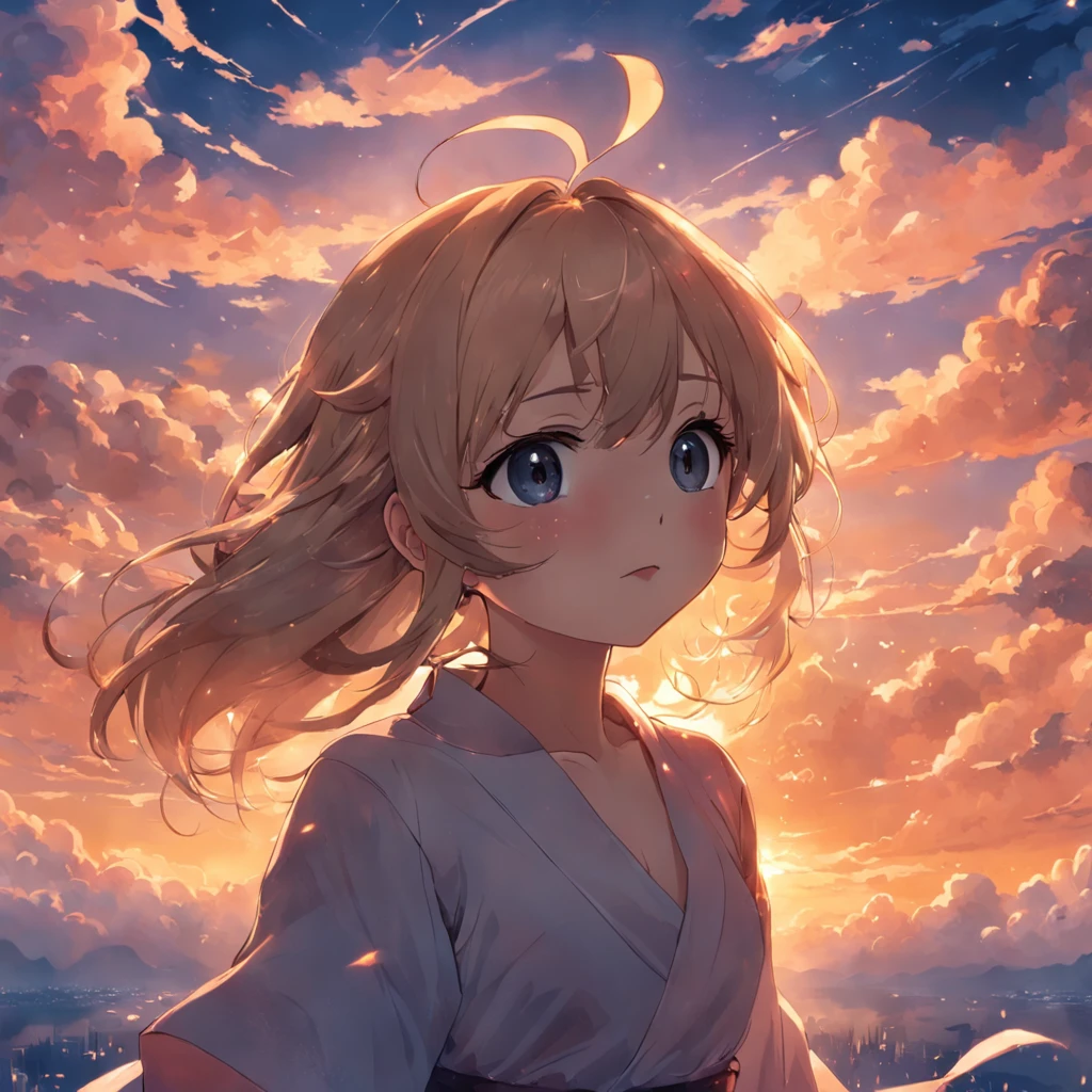 tmasterpiece,best qualtiy,cinematic Film still from,1girl,Cloud Girl,Floating in the sky,closeup cleavage,brightly,cheerfulness,Warm and soft lighting,the sunset,long leges