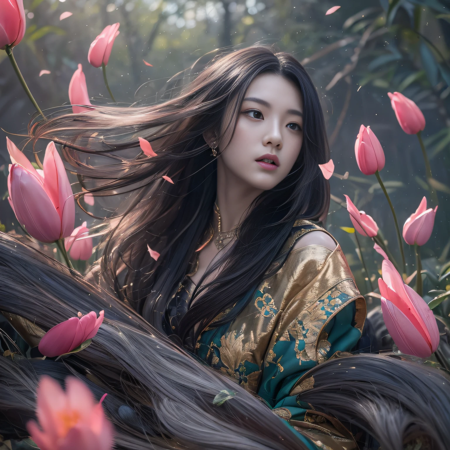 32K（tmasterpiece，k hd，hyper HD，32K）Long flowing black hair，Bamboo forest pond，zydink， a color，  Asian people （Silly girl）， （Silk scarf）， Combat posture， looking at the ground， long whitr hair， Floating hair， Carp pattern headdress， Chinese long-sleeved clothing， （abstract ink splash：1.2）， Pink petal background，Pink and white tulips fly（realisticlying：1.4），Black color hair，Fallen leaves flutter，Thick fog background， A high resolution， the detail， RAW photogr， Sharp Re， Nikon D850 Film Stock Photo by Jefferies Lee 4 Kodak Portra 400 Camera F1.6 shots, Rich colors, ultra-realistic vivid textures, Dramatic lighting, Unreal Engine Art Station Trend, cinestir 800，Long flowing black hair
