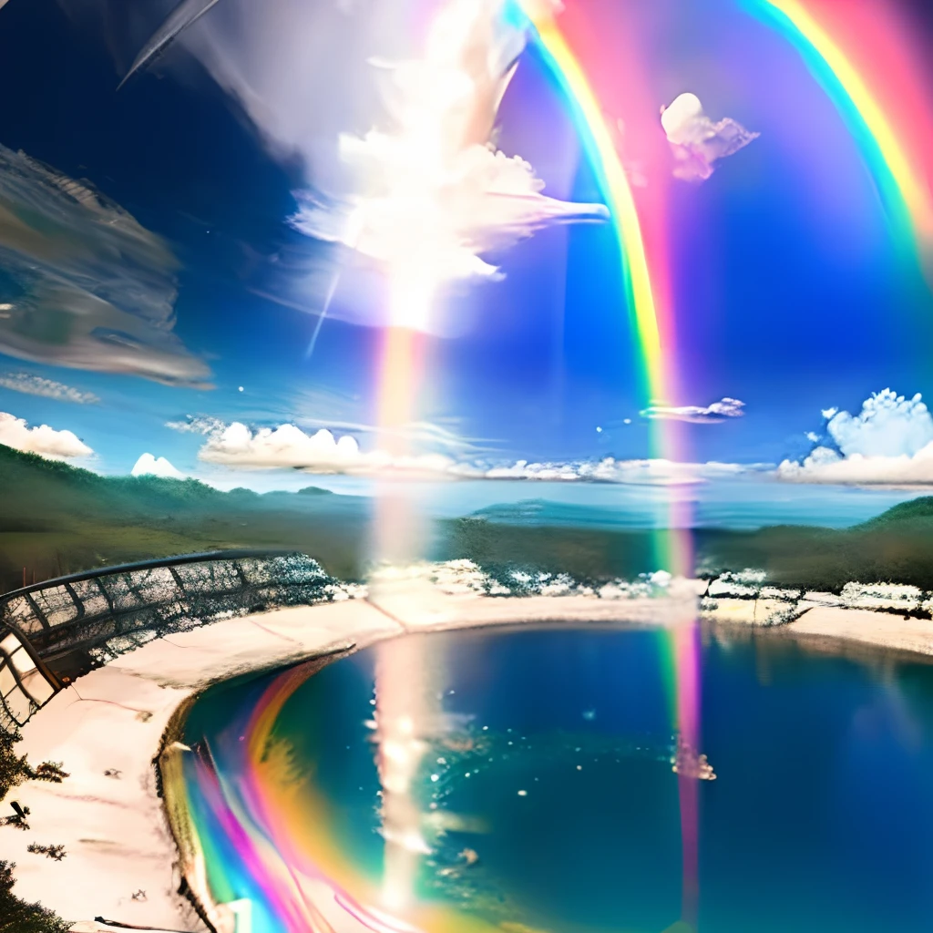 falls、Overflowing swimwear、Empty scenery、Mystical scenery、Uncharted、Vivid rainbow、shining light、Big rainbow
