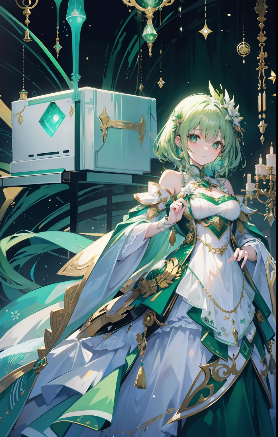 Light green hair,The green and white dress is embellished with gold ornaments,Light and dignified, Cute,is a cyborg, Beautiful girl