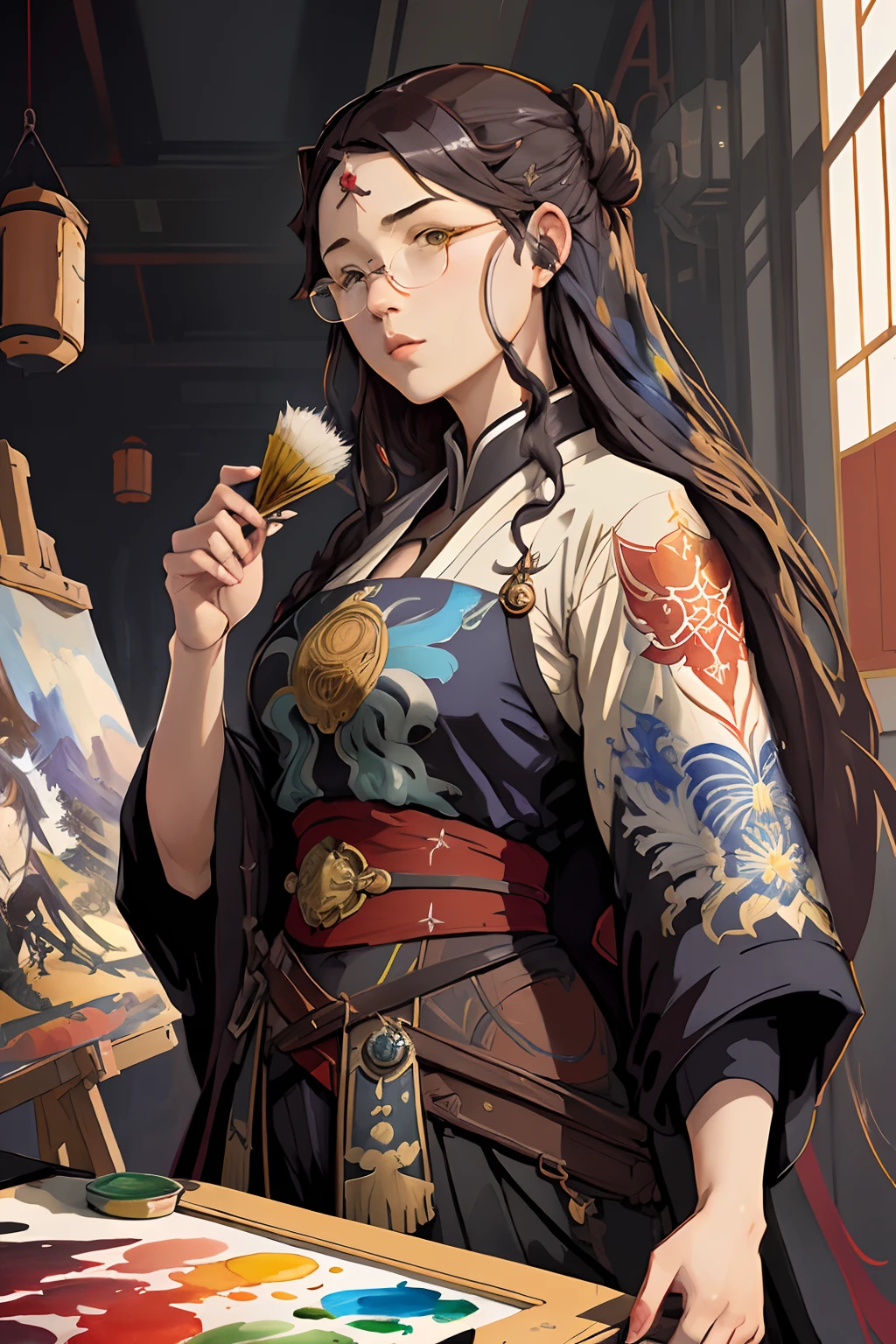 (Girls' Paintings:1.3) af (Ultra detailed:1.3),(Cosy:1.3),Best quality,Masterpiece,Highly detailed,Ultra-detailed,1girll,[Emma Watson:Chou Tzu-yu:0.2],, unreal engin 5,rendering by octane,(2D:1.2), limited palette flat color,, Digital painting, art  stations, concept-art, smooth, Sharp focus,ross tran（Ross Tran）and greg rutkowski（Greg Rutkowski）and Alphonse Mucha（Alphonse Mucha）and Buck Carroll（Bak Karol）of works of art,, (Oil painting:1.16),(acrylic paint:1.16),(Colorful:1.16), (aquarelle:1.16),, By (nvinkpunk:1.0),(Kuvshinov:1.0),(DreamlikeArt:1.0),(Samdoesart:1.0),(ModelShoot style:1.0),(by Artist Koho Shoda:1.3),(author：Artist Mike Mignola:1.3),(by Artist Joop Polder:1.3),(Classicist art:1.3),(Industrial Art:1.3),(Solarpunk Art:1.3)Long hair，Very long hair，circle glasses