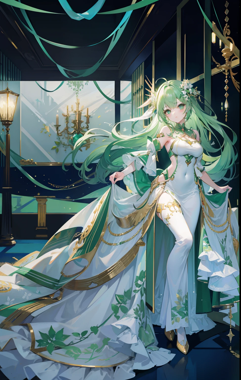 Light green hair,The green and white dress is embellished with gold ornaments,Light and dignified, Cute,is a cyborg, Beautiful girl
