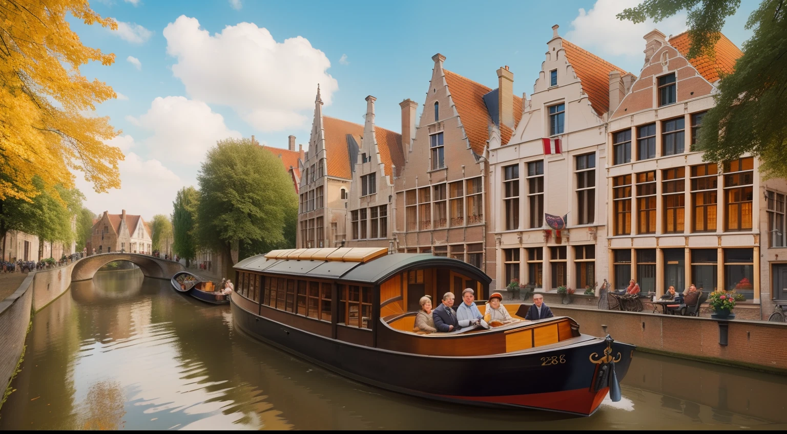 Date: 1886
Country: Belgium
Description: Amidst the medieval architecture of Bruges, a group enjoys a leisurely canal boat ride, savoring the charm of Belgium.