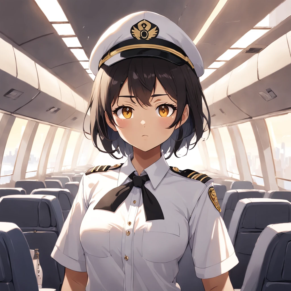1girl, short black bob hair, yellow eyes, Round glasses, tan skin, BROWN SKIN, SHE HAS LIGHT BROWN SKIN, petite body, wearing plain white formal work shirt, wearing long black pants, business tie, absurdres, high res, ultrasharp, 8k, masterpiece, looking at viewer, cat ears, airline pilot uniform, airline pilot hat, white background, short sleeve, bangs, flat chest, whiskers, androgynous,