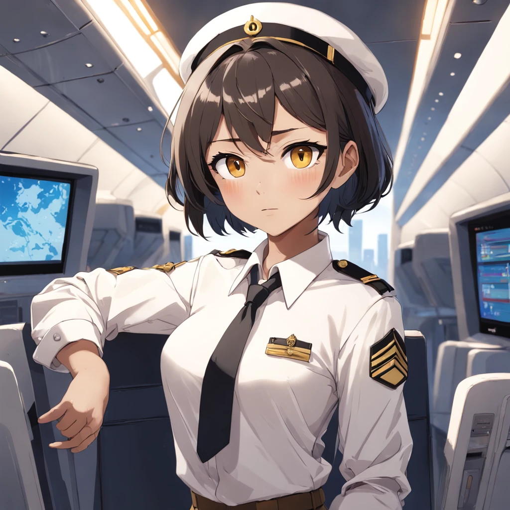 1girl, short black bob hair, yellow eyes, Round glasses, tan skin, BROWN SKIN, SHE HAS LIGHT BROWN SKIN, petite body, wearing plain white formal work shirt, wearing long black pants, business tie, absurdres, high res, ultrasharp, 8k, masterpiece, looking at viewer, cat ears, airline pilot uniform, airline pilot hat, white background, short sleeve, bangs, flat chest, whiskers, androgynous,