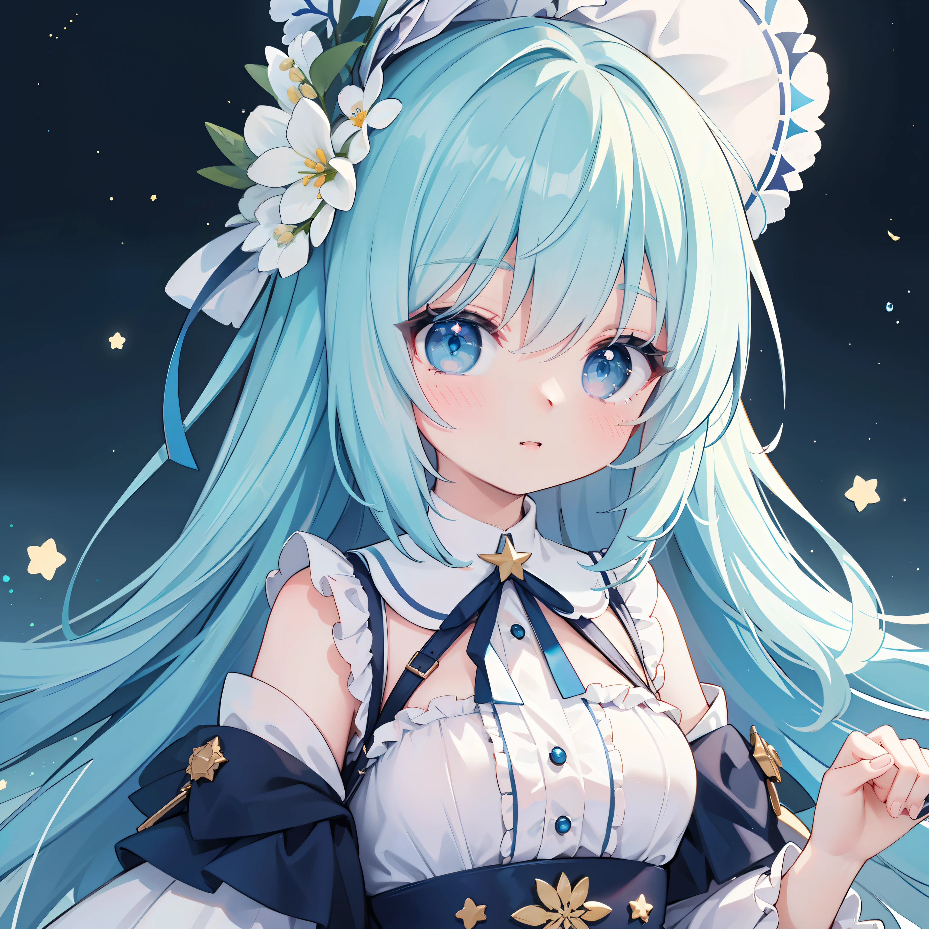 extremely detailed CG unified 8k wallpaper, very fine 8KCG wallpaper, absurderes,Lori ,Best Quality ,ultra-detailliert ,Beautiful face ,masterpiece、top-quality(masterpiece), top-quality, 1girl in, lightblue hair、Two-side-up、Light Blue Color Dress、Light blue ribbon、light blue eyes、kawaii、starrysky