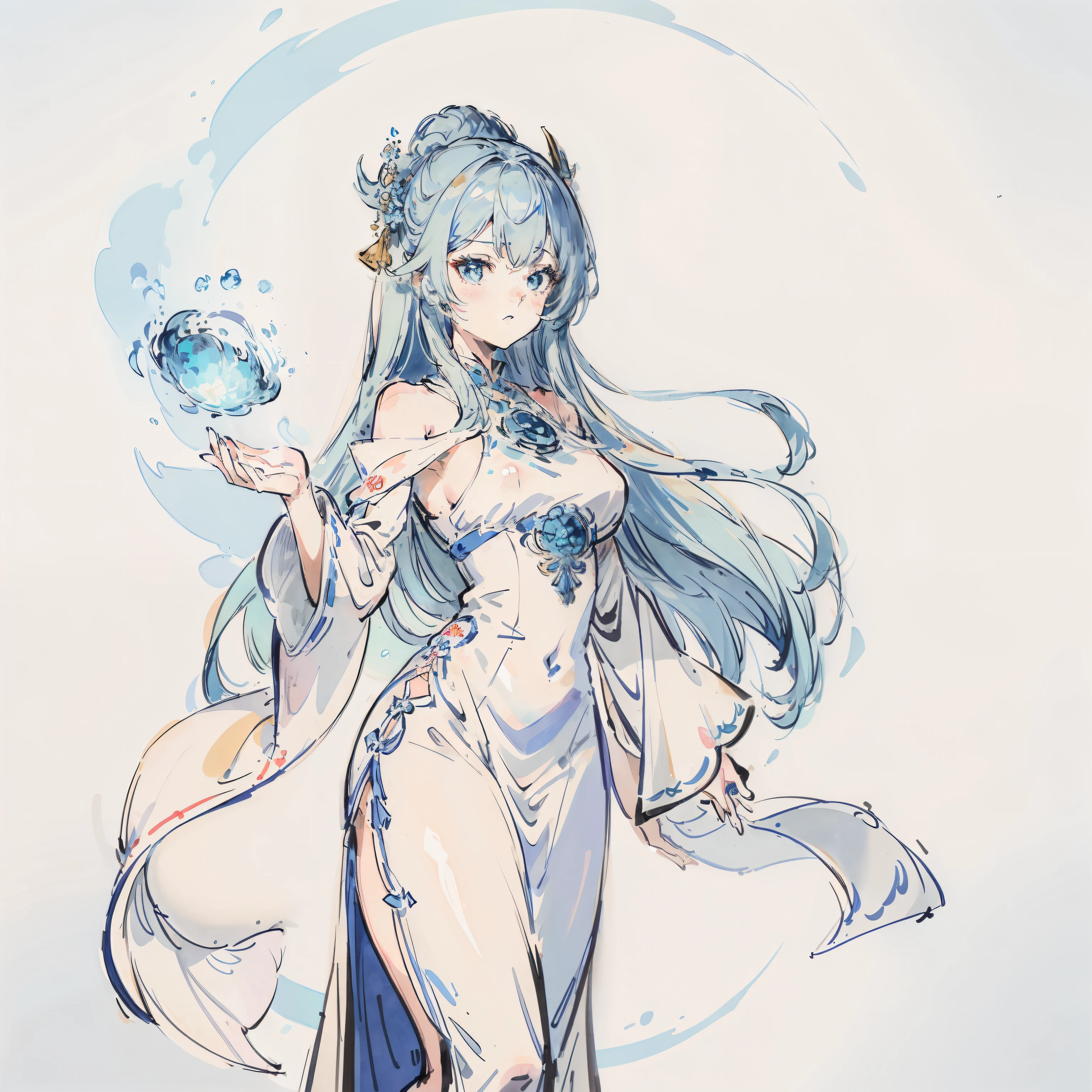 a woman in a white dress and a blue cape is standing, cushart krenz key art feminine, anime goddess, pixiv, pretty female cleric, digital art on pixiv, pixiv style, wlop rossdraws, alphonse mucha and rossdraws, guweiz, top rated on pixiv, rossdraws sakimimichan