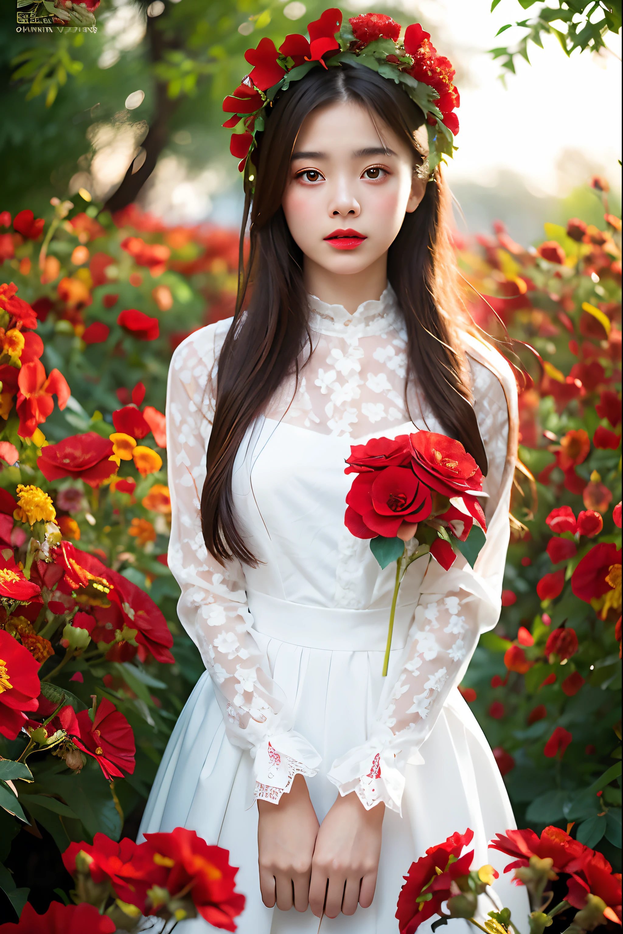 dark themed、(top-quality、​masterpiece:1.2)、18 year old girl in the garden、Ultra-realistic frills、White lace long sleeve dress、(Confusion of red flowers in the background:1.3)、Pose Keeping