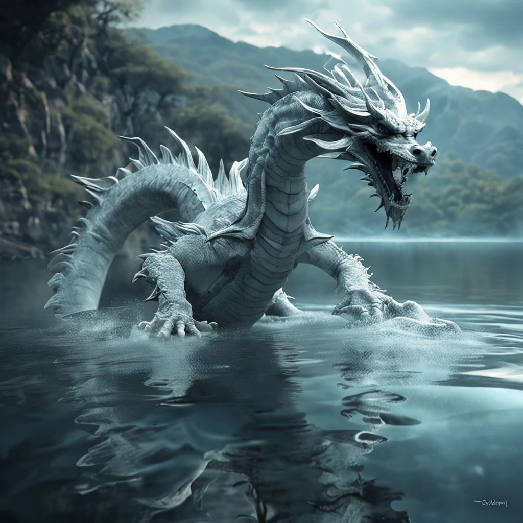 1white dragon, lake and water, Best quality, Masterpiece, 超高分辨率, (photograph realistic:1.4), surrealism, Dream-like,fusionart, Shadowdancer, shadow magic, darkness control, stealth, shadowstep, umbral spells, hidden blade,