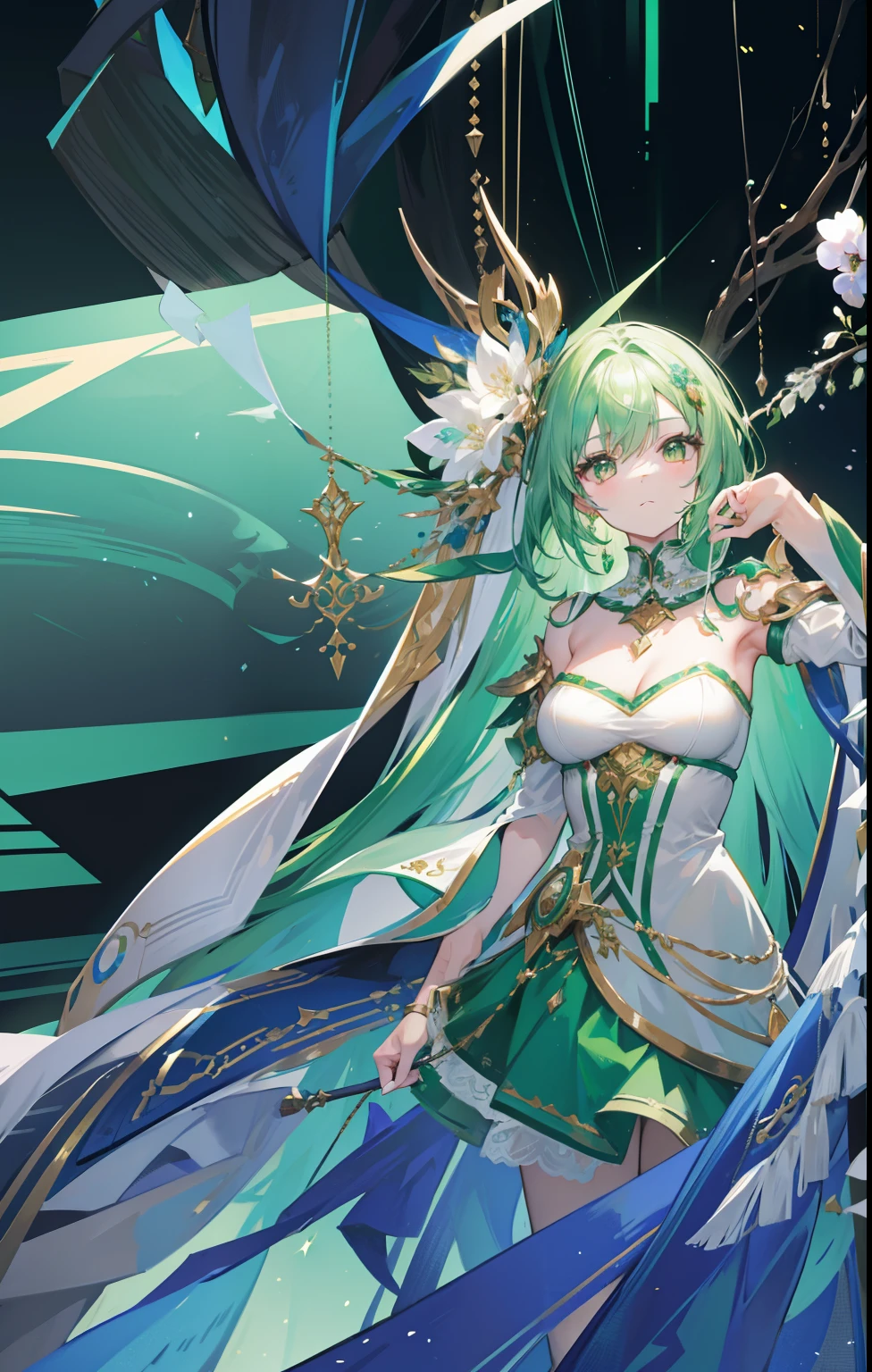 Light green hair,The green and white dress is embellished with gold ornaments,Light and dignified, Cute,is a cyborg, Beautiful girl