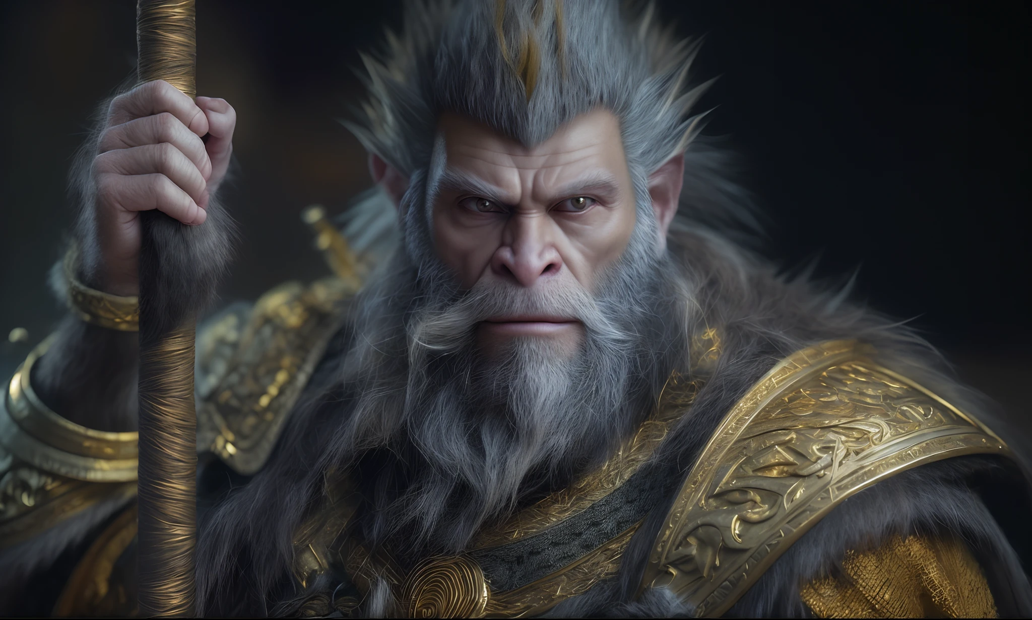 ((With a golden stick,Rotate the texture)),(Monkey transforms into bearded man 0, mito,dream magical,((Light exposure)),((marmoset render)), Wukong, unreal engine character art, Son Goku, 4k concept art and hyper realism, hyper-detailed fantasy character, cgsociety uhd 4k highly detailed, 3 d ape shaman profile portrait, Rendu portrait 8k, 8 k cg render,((dark aesthetic))),golden yellow hair,Golden beard,Golden hair,Ancient Chinese armor