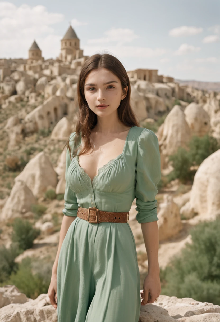 120mm photograph medium format film photography Kodak portra young, Russian Girl, 22yo, green tight outfit, tall woman, beauty. Background Cappadocia, Joyful, Emphasisers, Muted Colours, Hasselblad