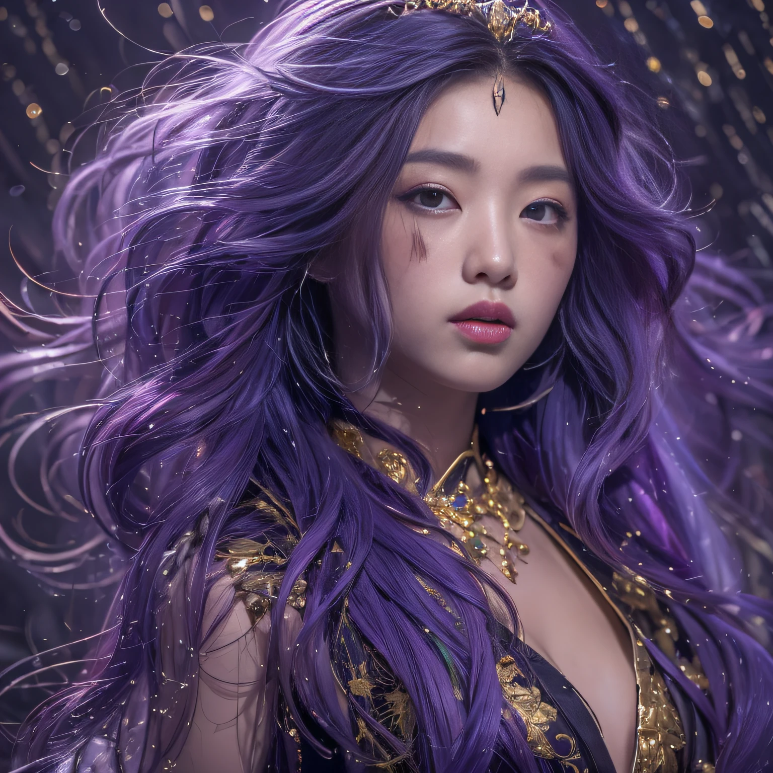 32K（tmasterpiece，k hd，hyper HD，32K）Long flowing bright purple hair，Autumn Pond，zydink， a color，  Asian people （Silly girl）， （Silk scarf）， Combat posture， looking at the ground， long whitr hair， Floating bright purple， Fire cloud pattern gold tiara， Chinese long-sleeved gold silk garment， （abstract ink splash：1.2）， white backgrounid，Lotus protector（realisticlying：1.4），Bright purple hair，Smoke and rain，The background is pure， A high resolution， the detail， RAW photogr， Sharp Re， Nikon D850 Film Stock Photo by Jefferies Lee 4 Kodak Portra 400 Camera F1.6 shots, Rich colors, ultra-realistic vivid textures, Dramatic lighting, Unreal Engine Art Station Trend, cinestir 800，Long flowing bright purple hair