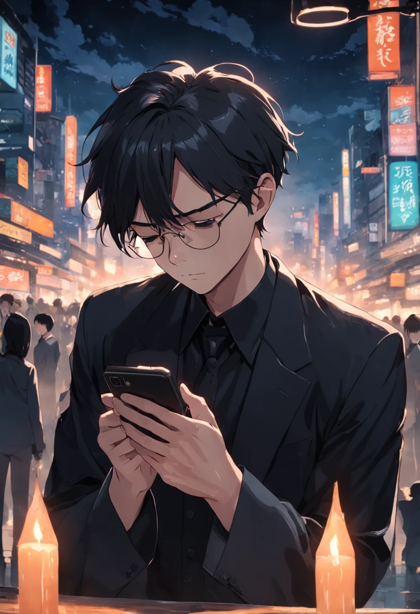 There was a man with glasses and a black shirt holding a cell phone, 8k Suchen、harf、wedding photo、Empty and godless、pondering。