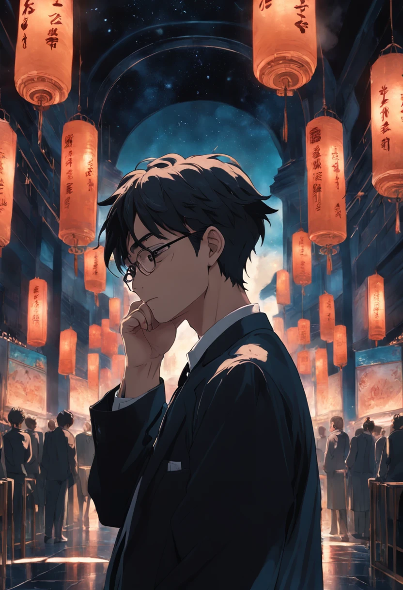 There was a man with glasses and a black shirt holding a cell phone, 8k Suchen、harf、wedding photo、Empty and godless、pondering。