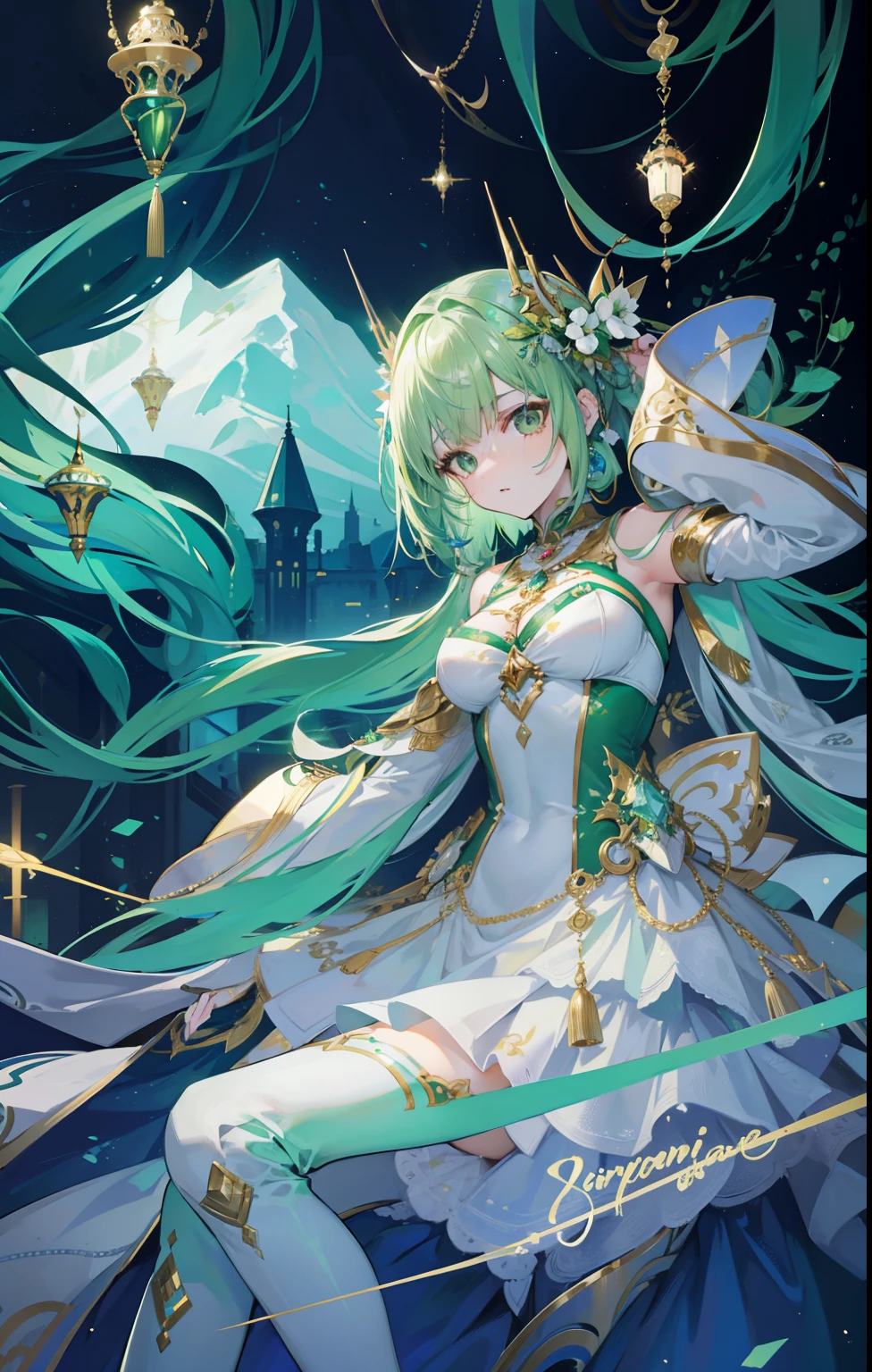 Light green hair,The green and white dress is embellished with gold ornaments,Light and dignified, Cute,is a cyborg, Beautiful girl