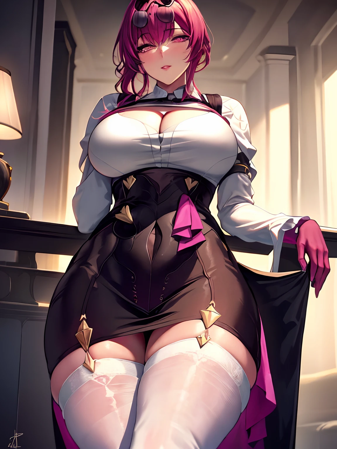 closeup cleavage, Close-up POV, KafkaHKS, 1girl, mature, a mature female,, looking at viewert, cinematic ligh, 8k, best qualtiy, tmasterpiece, hard lighting,solo person,Yellow hair,Pink eyes,pony tails,Big breasts and huge buttocks,picture-perfect face,Bandeau Dress,Superskirt,Suspender white stockings,Clean face,sit on chair