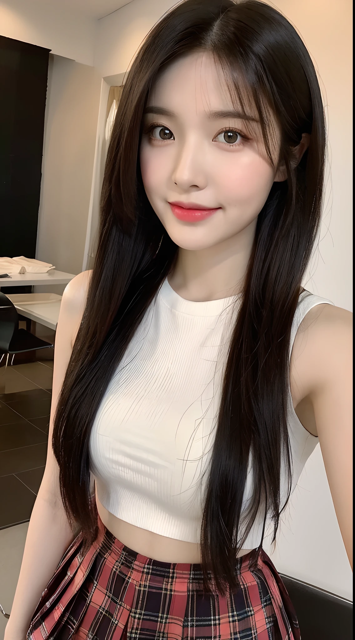 ((highest quality, 8k, masterpiece :1.3)), One girl, Selfie, Open your mouth, Very attractive smile:1.2, Red lipstick:1.2,Slim face, Beautiful woman, (Dark brown hair), Big Breasts:1.3, Highly detailed face, double eyelid, Blur the background, Slim face, city, outside, sunny, null, nature,Cafe,looking at the camera,Pink blouse,Purple tight skirt,(masterpiece: 1.3), (Maximum resolution: 1.4), (Ultra high definition: 1.2), Cinematic Light, Ultra high definition, (Detailed eyesと肌), (Detailed facial features), 8k resolution, Perfect Style, Beautiful expression、Highly detailed face and skin texture、Detailed eyes、Glitter Eyeliner:1.2、Thin cheeks、((Pure white skin:1.4)),Glossy Lips:1.2、((Full Body Shot:1.2)),(Straight Hairstyles、Dark brown hair)、One-length long hair、175cm,From above