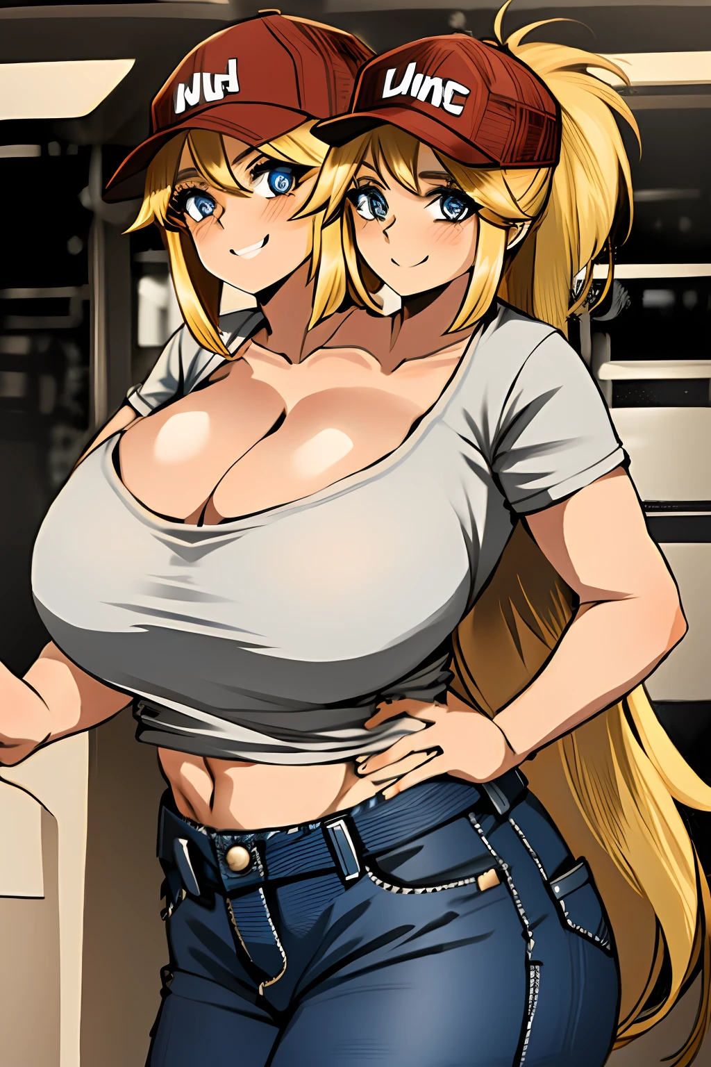 2heads, a short fat woman with 2 heads. She has enormous breasts. She is wearing a red plaid flannel shirt and jeans. She is wearing a trucker's hat. She is in a big truck. She has blonde hair in a ponytail. She has gigantic breasts. She is blushing. She is smiling wide. She has extremely huge fat enormous breasts. Her breasts are unreasonably big for her body.