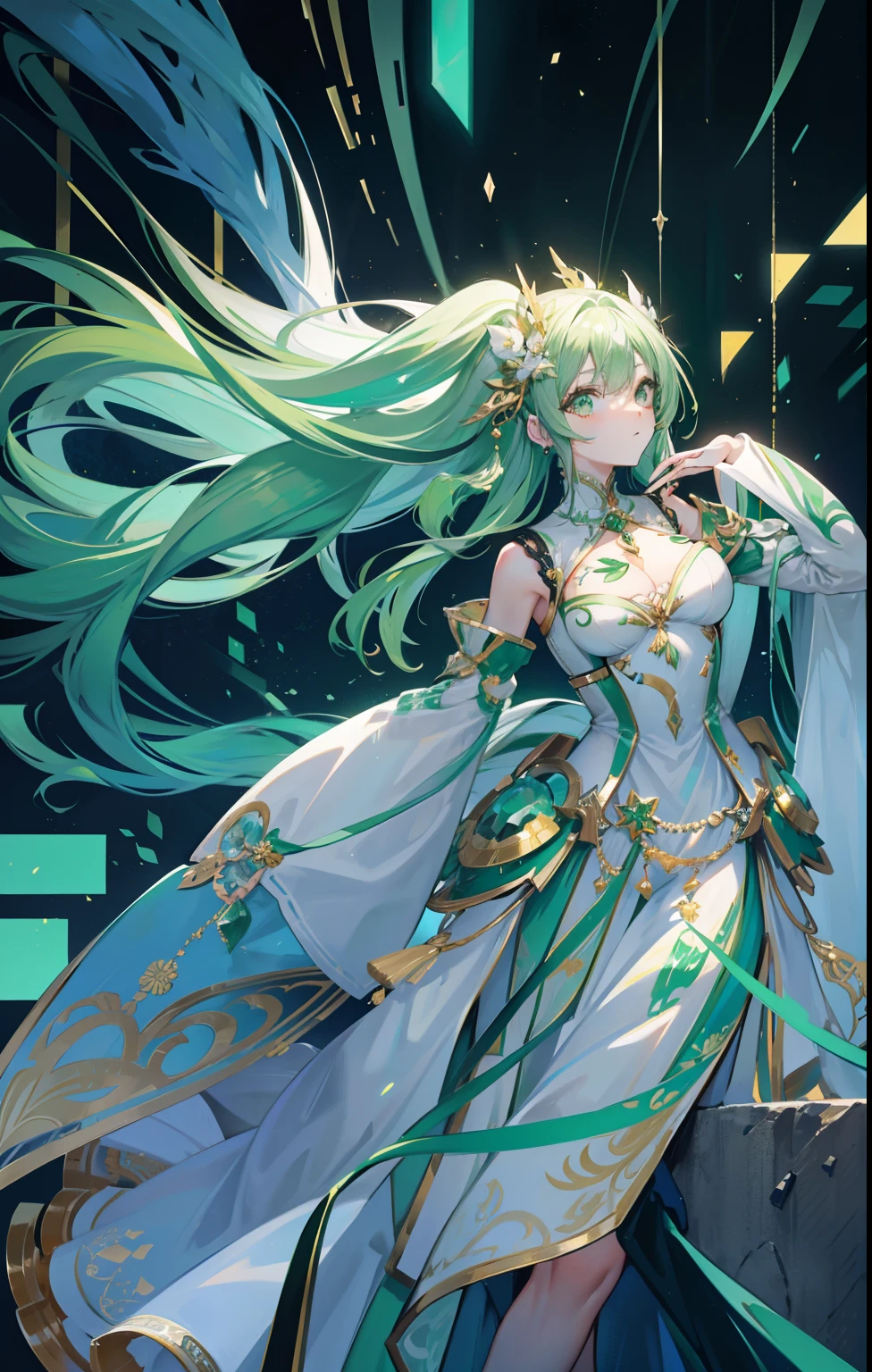 Light green hair，The green and white dress is embellished with gold ornaments，Light and dignified, cute，is a cyborg, beautiful girl