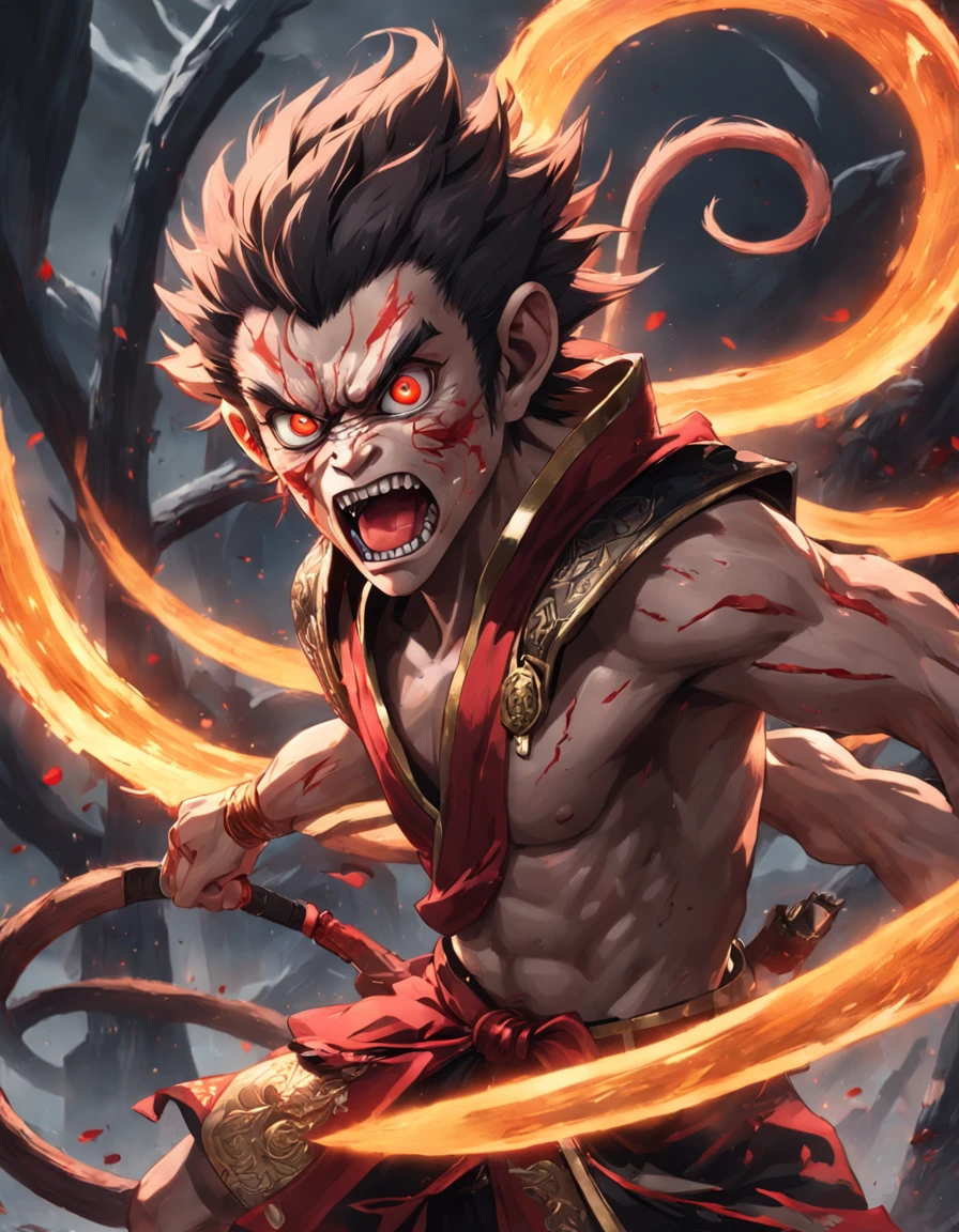 tmasterpiece，Ultra photo realsisim，32K resolution，Excellent painting in extreme detail，best qualtiy，Wukong:Chinese legends of gods and demons，Dark horror theme:1.3，（Monkey Head Black General，Angry，Fighting posture，red eyes，Black clothes，redcloak，with short brown hair，Gold headband forehead guard，Detailed face，Detailed eyes，Anatomically correct）:1.5，Cobweb texture，darkly，terroral，Ghastly,Complicated details，detailedbackground，awardwinning