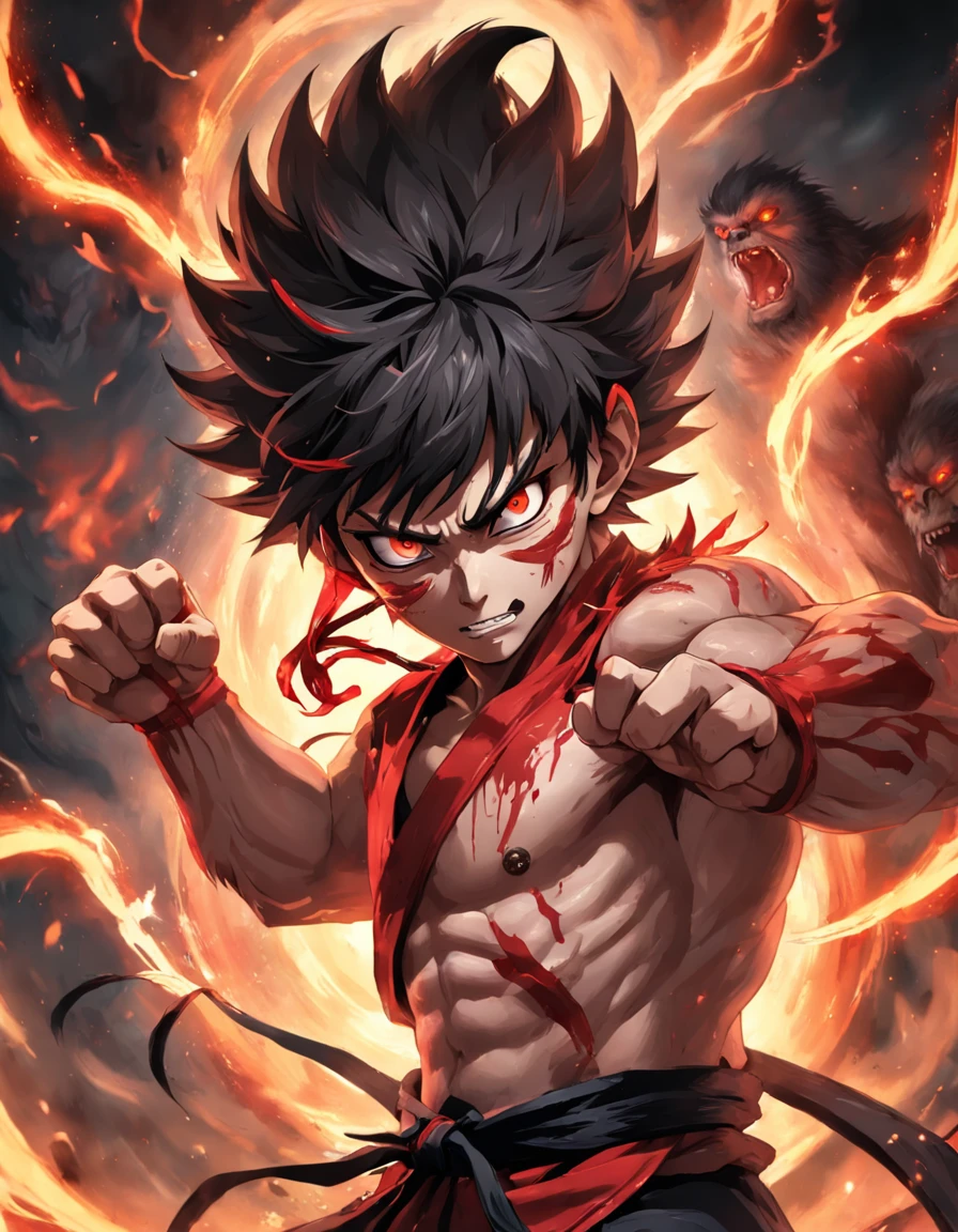 tmasterpiece,Ultra photo realsisim,32K resolution,Excellent painting in extreme detail,best qualtiy,Wukong:Chinese legends of gods and demons,Dark horror theme:1.3,(Monkey Head Black General,Angry,Fighting posture,red eyes,Black clothes,redcloak,with short brown hair,Gold headband forehead guard,Detailed face,Detailed eyes,Anatomically correct):1.5,Cobweb texture,darkly,terroral,Ghastly,Complicated details,detailedbackground,awardwinning