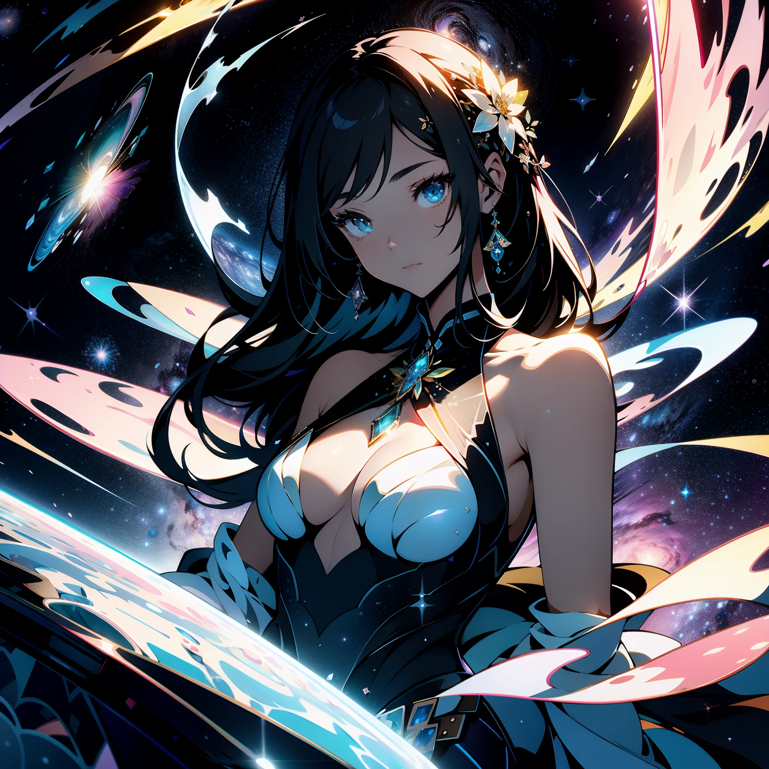 Composed of petal-like gems floating in space、medium shot of a beautiful woman。Her eyes shine like constellations、Its body mimics the structure of a galaxy.、Expressing the fusion of cosmic providence and beauty、Masterpieces of unparalleled top quality