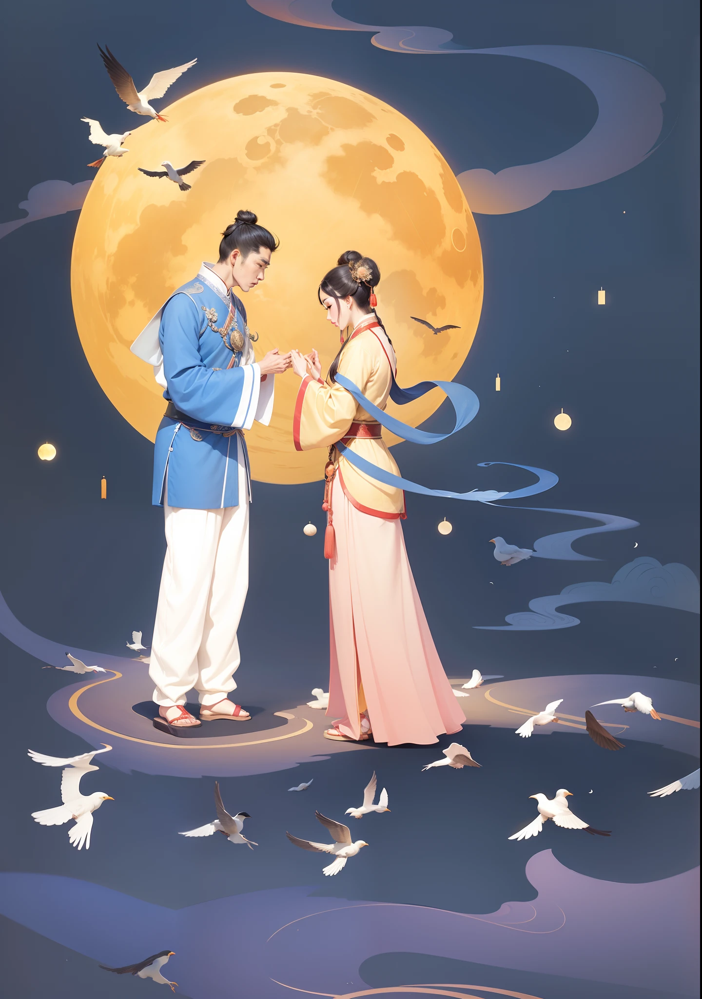 Ancient Chinese men and women met,detail-rich,Birds fly,Moon in the background,Auspicious clouds,