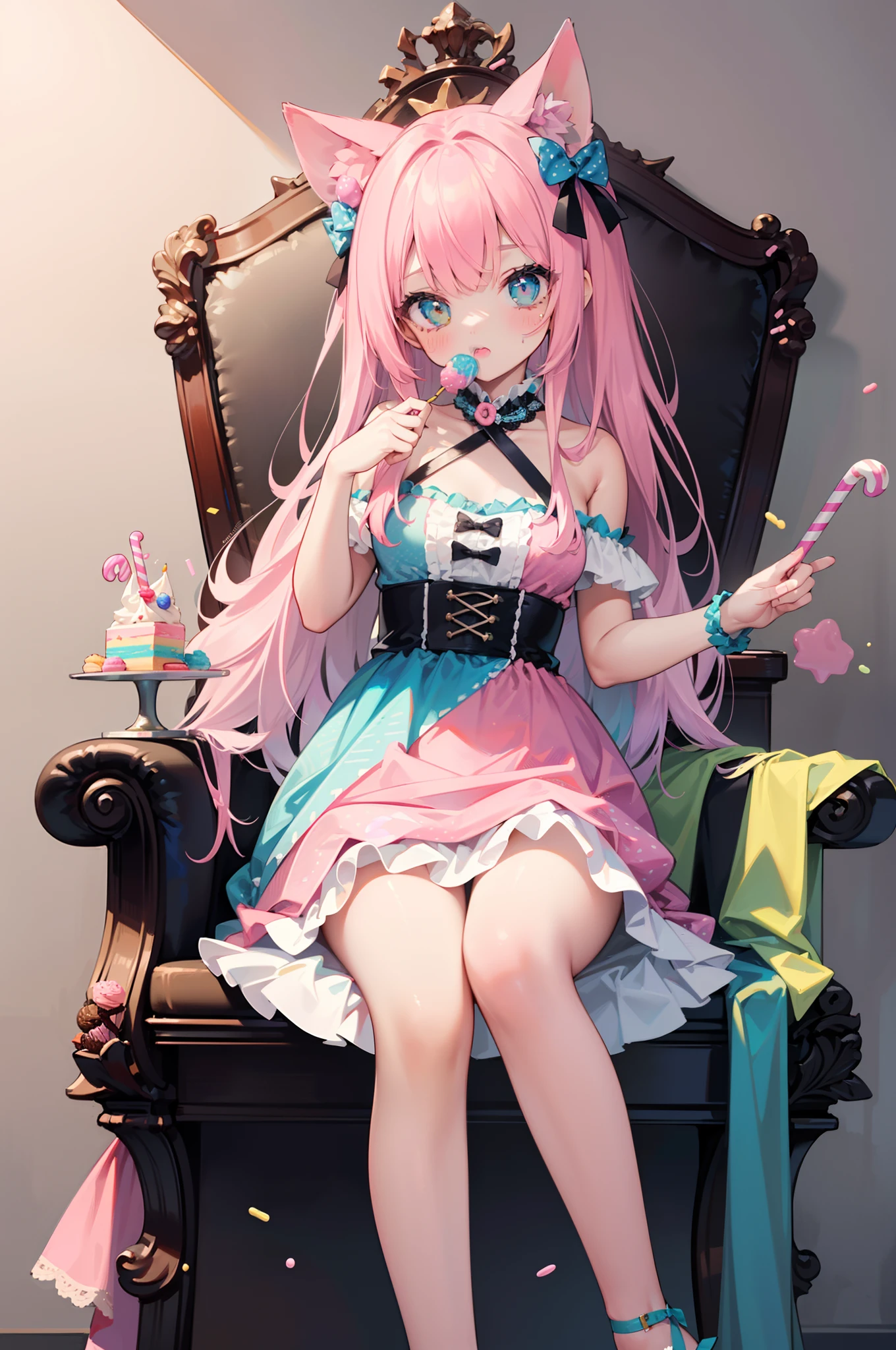 1girl, pastel muted colors, (color palette is yellow:1.2, blue:1.2, pink:1.2), sitted in a throne made out of sweets and pastries, for example donuts, sprinkles, candy, lollipops, candycane, cake, cupcakes, cakepops, frills and lace, polka dot patterns, long bat ears