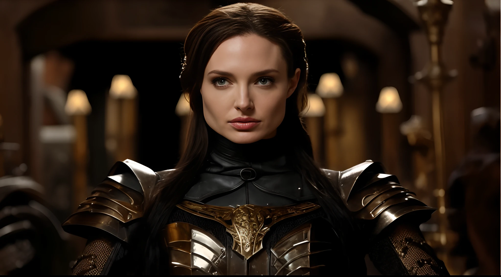 a close up of a woman in armor with a sword, wearing witchblade armor, villainess, wearing sleek armor, in leather armor, angeline jolie, still from a fantasy movie, doom beautiful face, movie still of a villain cyborg, girl in knight armor, gorgeous female paladin, attractive sci - fi face, beautiful female knight, nefarious smirk