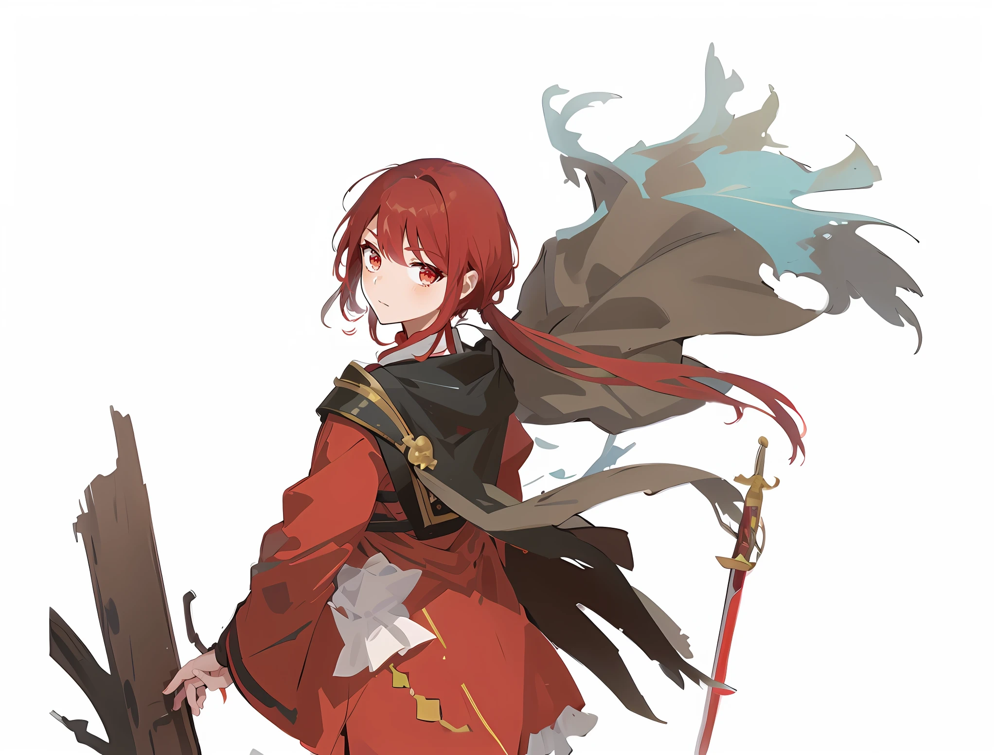 Anime character with red hair and cape holding a sword, Ayaka Genshin impact, Female protagonist, Female protagonist 👀 :8, nobutaka ike, fus rei, Also, zerochan art, official character art, Guviz, Keqing from Genshin Impact, Anime character art, with cape, Genshin, detailed anime character art, Red cloak