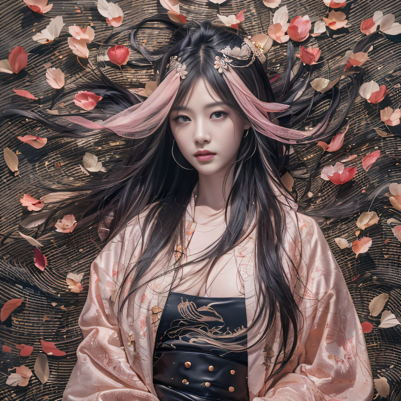 32K(tmasterpiece,k hd,hyper HD,32K)Long flowing black hair,ponds,zydink, a color, Asian people (Silly girl), (Silk scarf), Combat posture, looking at the ground, long whitr hair, Floating hair, Carp pattern headdress, Chinese long-sleeved clothing, (abstract ink splash:1.2), Pink petal background,Pink and white lotus flowers fly(realisticlying:1.4),Black color hair,Fallen leaves flutter,The background is pure, A high resolution, the detail, RAW photogr, Sharp Re, Nikon D850 Film Stock Photo by Jefferies Lee 4 Kodak Portra 400 Camera F1.6 shots, Rich colors, ultra-realistic vivid textures, Dramatic lighting, Unreal Engine Art Station Trend, cinestir 800,Long flowing black hair