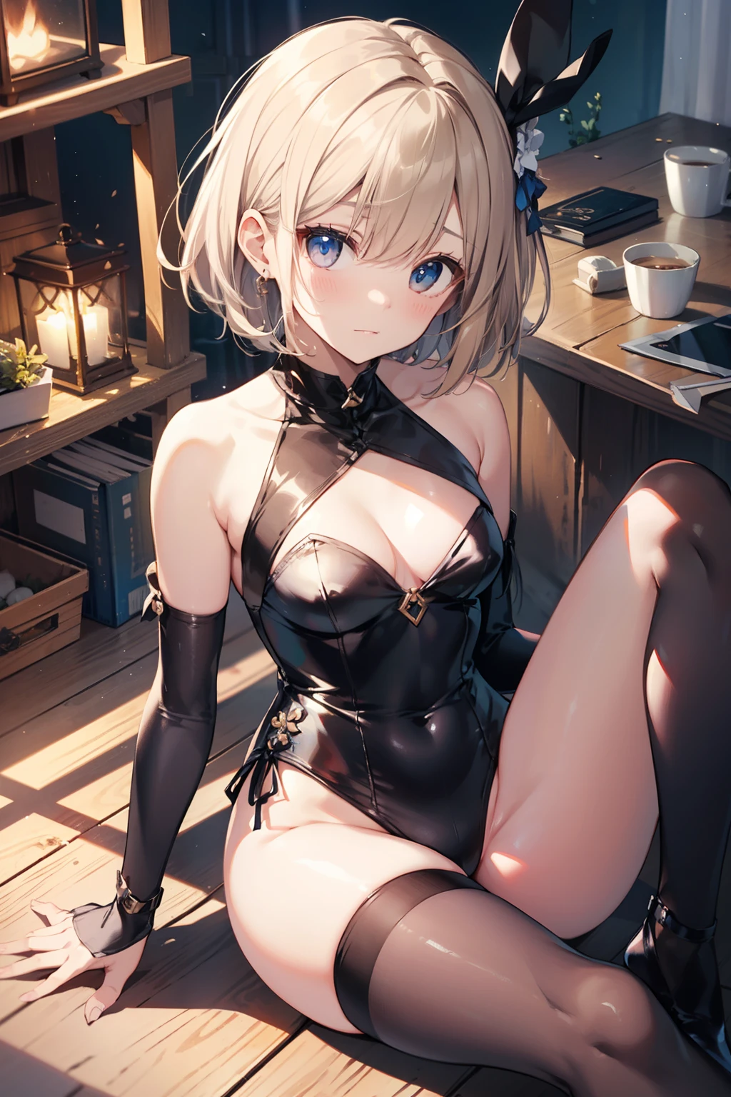 high-level image quality、top-quality、Detailed drawing、Does not blush cheeks、Slender adult beauty、bunnygirl、swimware、Small eyes、knee high、Stockings、Medium chest、straight haired、Bery short hair