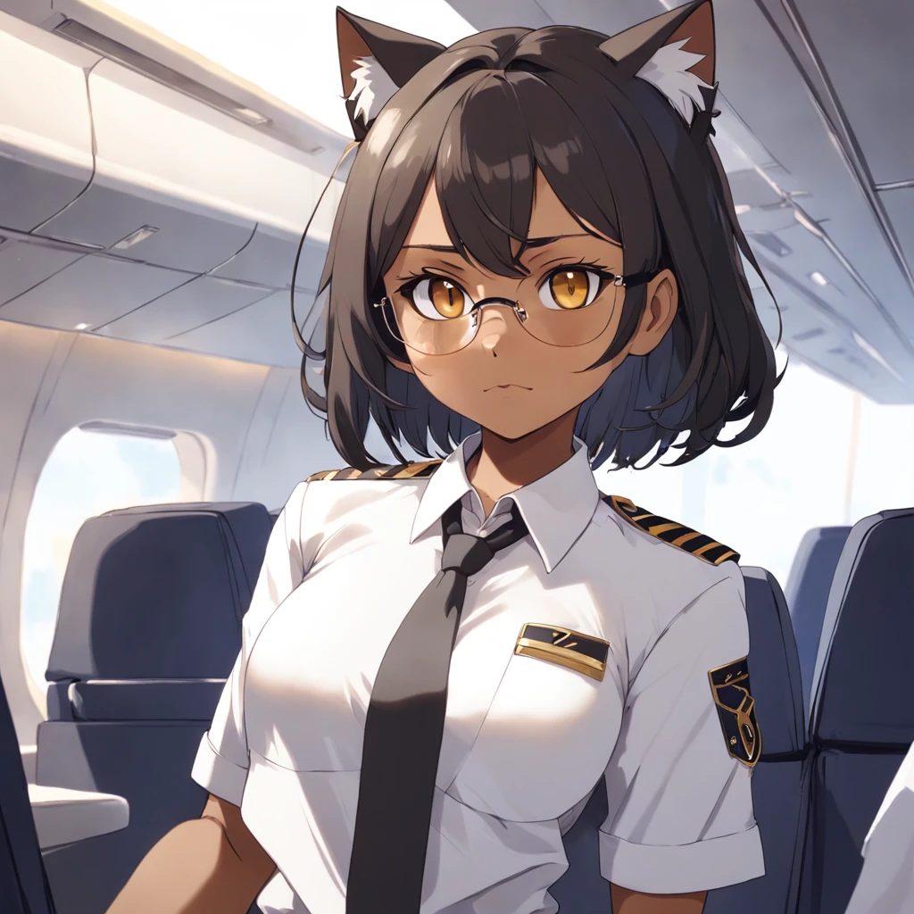 1girl, short black bob hair, yellow eyes, Round glasses, tan skin,dark skin ,BROWN SKIN, SHE HAS LIGHT BROWN SKIN, petite body, wearing plain white formal work shirt, wearing long black pants, business tie, absurdres, high res, ultrasharp, 8k, masterpiece, looking at viewer, cat ears, airline pilot uniform, airline pilot hat, white background, short sleeve, bangs, flat chest, whiskers, androgynous, she has cat ears on her head