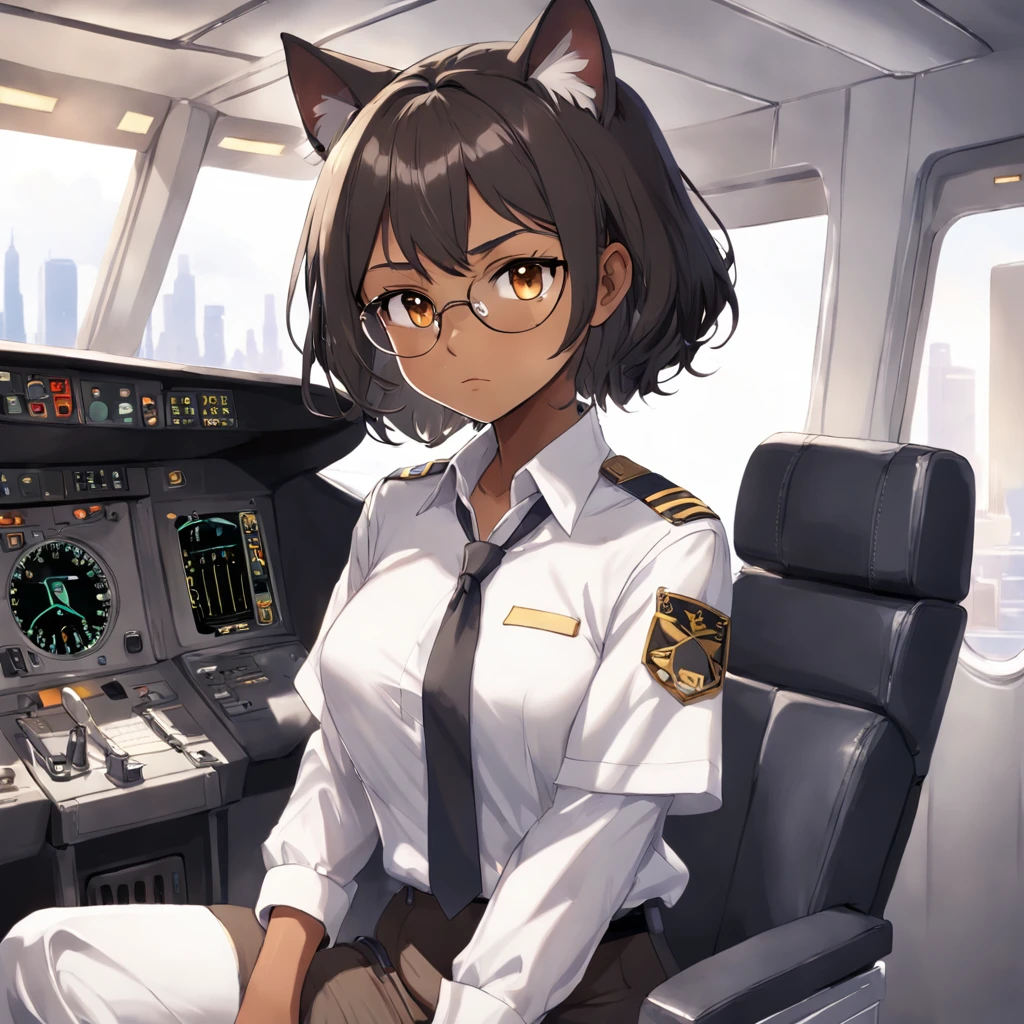 1girl, short black bob hair, yellow eyes, Round glasses, tan skin,dark skin ,BROWN SKIN, SHE HAS LIGHT BROWN SKIN, petite body, wearing plain white formal work shirt, wearing long black pants, business tie, absurdres, high res, ultrasharp, 8k, masterpiece, looking at viewer, cat ears, airline pilot uniform, airline pilot hat, white background, short sleeve, bangs, flat chest, whiskers, androgynous, she has cat ears on her head