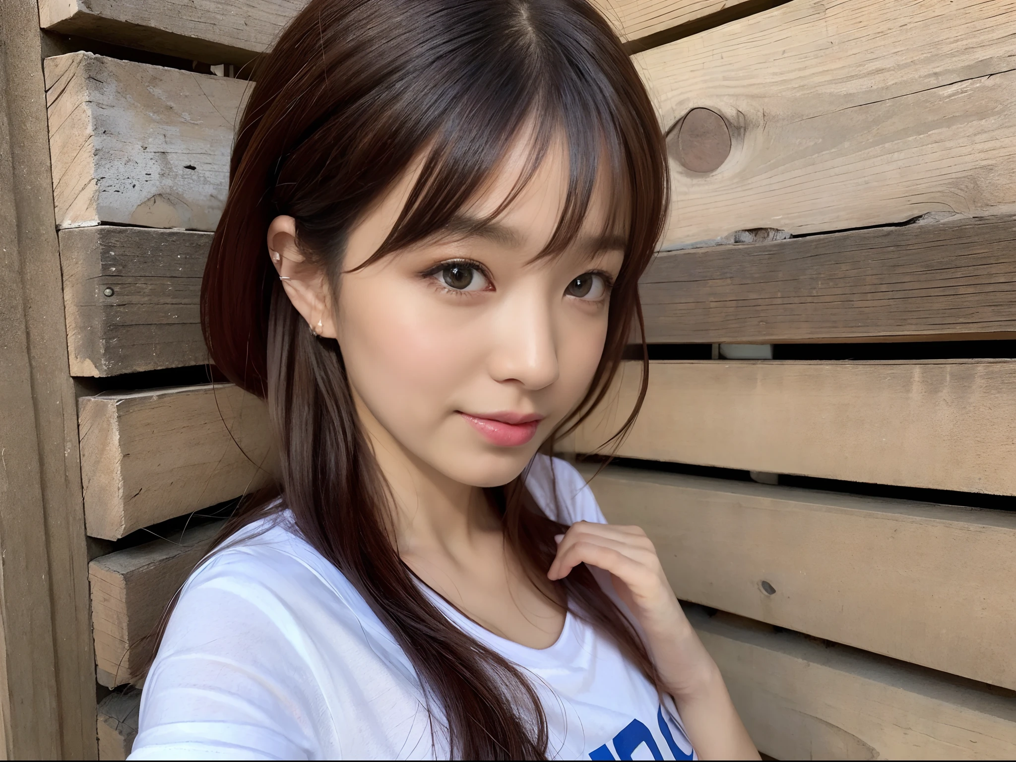 (masutepiece:1.3), (8K, Photorealistic, Raw photography, Best Quality: 1.4), japanse, Beautiful face, (Lifelike face), (Farbe々Hairstyle:1.3), Realistic eyes, Beautiful eyes, (realskin), Beautiful skin, Ultra high definition, Hyper-realistic, hight resolution, Beautiful Japan Woman、(tshirts:1.5)、(I can see the side:1.4)、(raise arms:1.3)、smil、