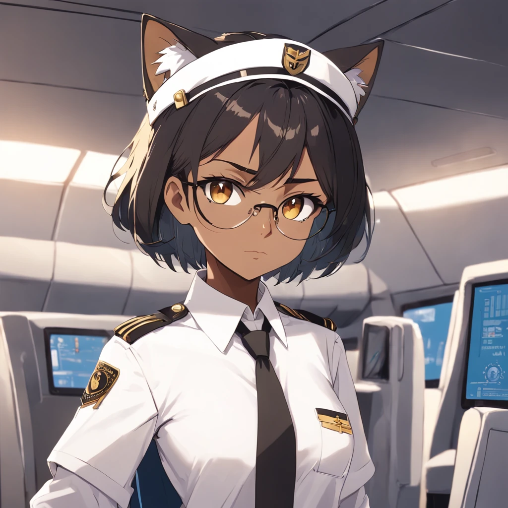 1girl, short black bob hair, yellow eyes, Round glasses, tan skin,dark skin ,BROWN SKIN, SHE HAS LIGHT BROWN SKIN, petite body, wearing plain white formal work shirt, wearing long black pants, business tie, absurdres, high res, ultrasharp, 8k, masterpiece, looking at viewer, cat ears, airline pilot uniform, airline pilot hat, white background, short sleeve, bangs, flat chest, whiskers, androgynous, she has cat ears on her head