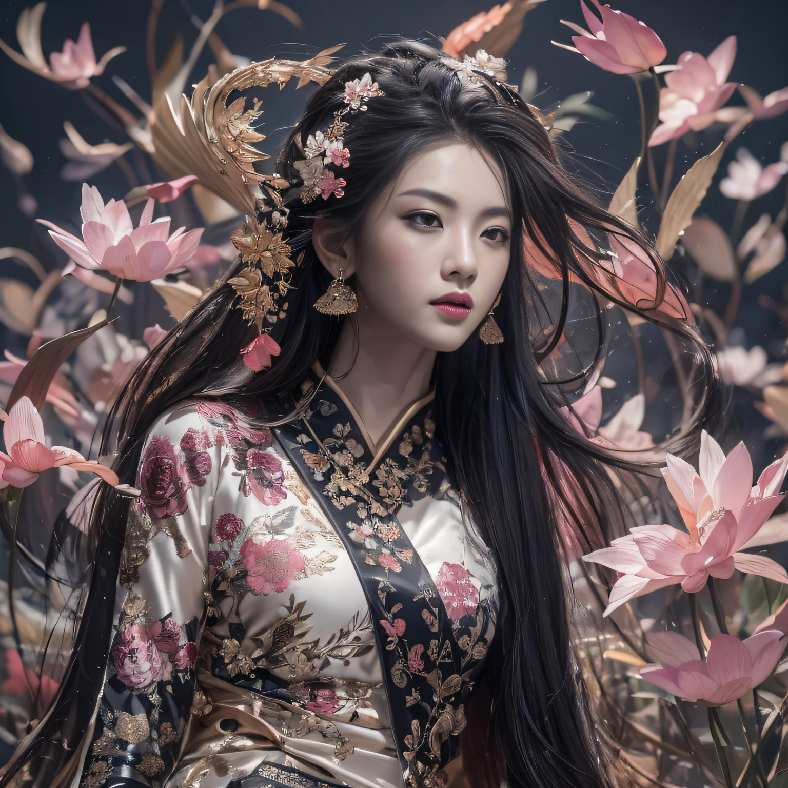 32K(tmasterpiece,k hd,hyper HD,32K)Long flowing black hair,ponds,zydink, a color, Asian people (Silly girl), (Silk scarf), Combat posture, looking at the ground, long whitr hair, Floating hair, Carp pattern headdress, Chinese long-sleeved clothing, (abstract ink splash:1.2), Pink petal background,Pink and white lotus flowers fly(realisticlying:1.4),Black color hair,Fallen leaves flutter,The background is pure, A high resolution, the detail, RAW photogr, Sharp Re, Nikon D850 Film Stock Photo by Jefferies Lee 4 Kodak Portra 400 Camera F1.6 shots, Rich colors, ultra-realistic vivid textures, Dramatic lighting, Unreal Engine Art Station Trend, cinestir 800,Long flowing black hair