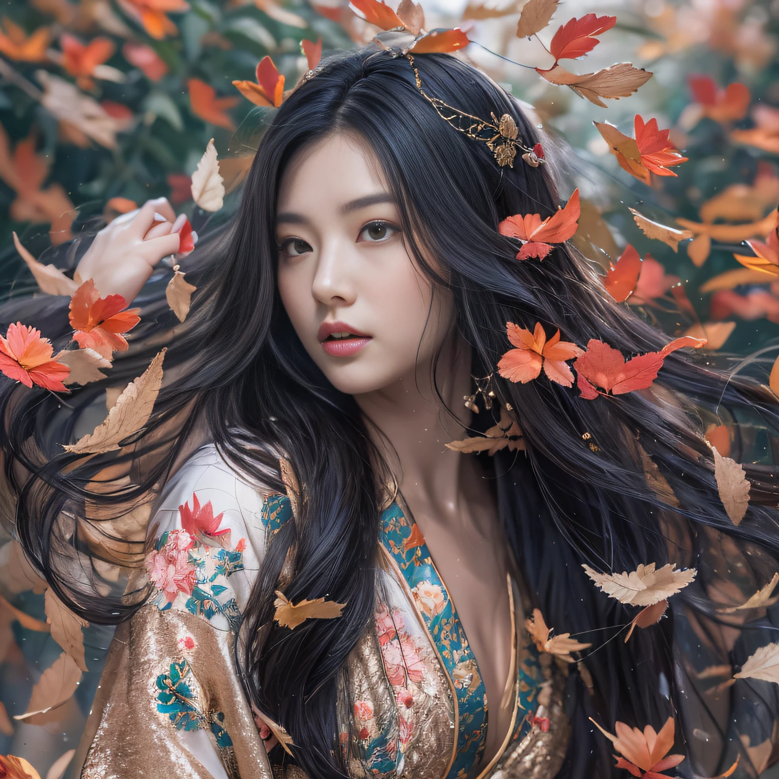 32K（tmasterpiece，k hd，hyper HD，32K）Long flowing black hair，ponds，zydink， a color，  Asian people （Silly girl）， （Silk scarf）， Combat posture， looking at the ground， long whitr hair， Floating hair， Carp pattern headdress， Chinese long-sleeved clothing， （abstract ink splash：1.2）， Pink petal background，Pink and white lotus flowers fly（realisticlying：1.4），Black color hair，Fallen leaves flutter，The background is pure， A high resolution， the detail， RAW photogr， Sharp Re， Nikon D850 Film Stock Photo by Jefferies Lee 4 Kodak Portra 400 Camera F1.6 shots, Rich colors, ultra-realistic vivid textures, Dramatic lighting, Unreal Engine Art Station Trend, cinestir 800，Long flowing black hair