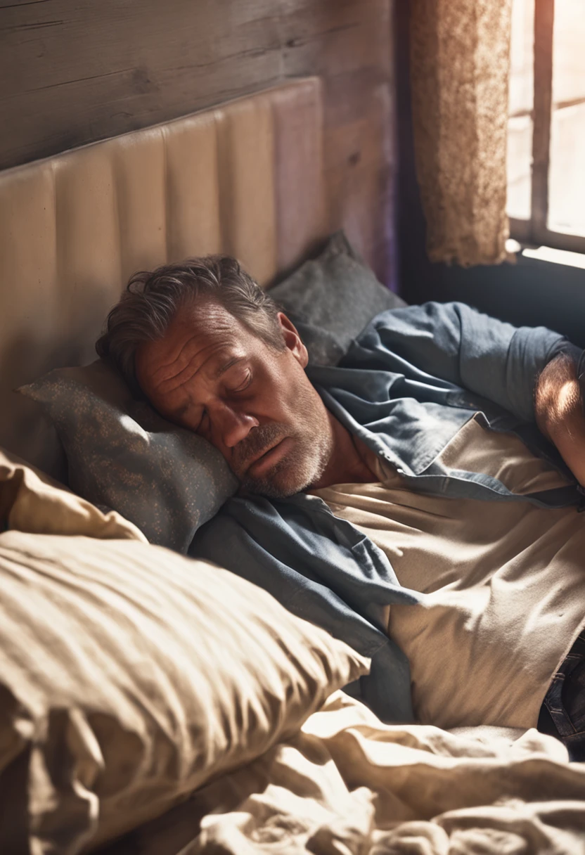 A middle-aged man is sleeping,Close your eyes