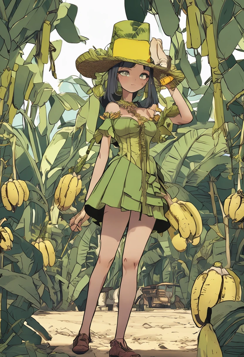 Banana grove, steampunk style Banana tree leaves in the foreground, green bananas, yellow bananas, peeled bananas, a girl with short dark hair in a panama hat and a short Dress with open shoulders and belly , Collects bananas, big lavender eyes, fantasy elements, anime style, anime-influenced, intricate costumes, angelcore