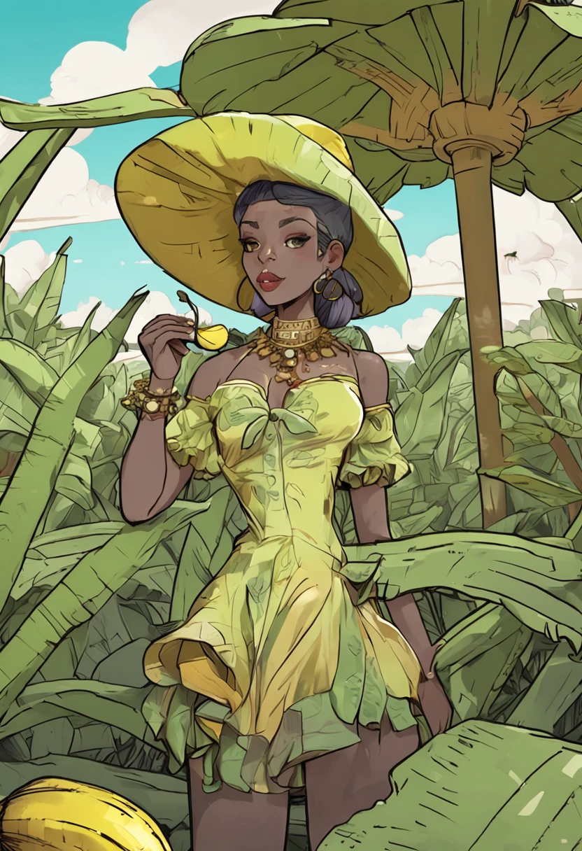 Banana grove, steampunk style Banana tree leaves in the foreground, green bananas, yellow bananas, peeled bananas, a girl with short dark hair in a panama hat and a short Dress with open shoulders and belly , Collects bananas, big lavender eyes, fantasy elements, anime style, anime-influenced, intricate costumes, angelcore