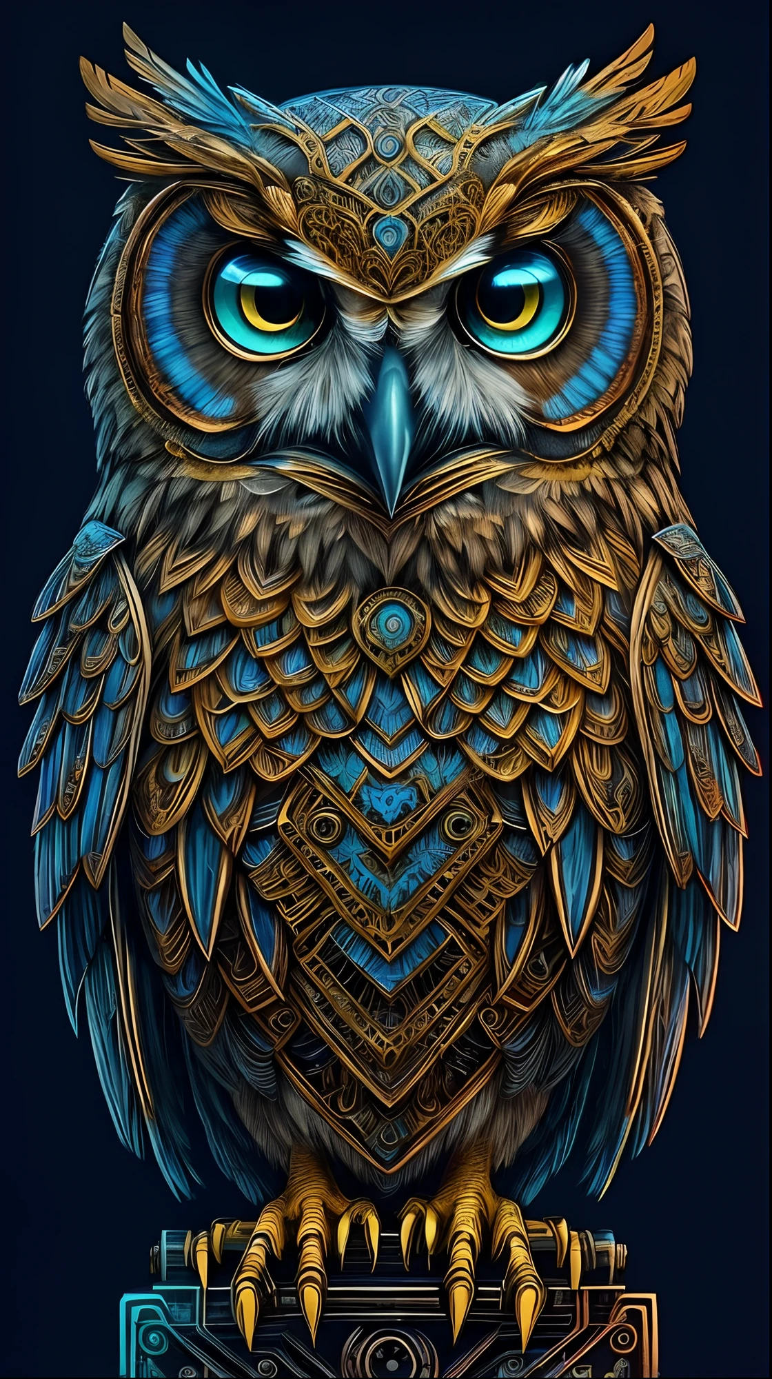 um close up de uma coruja com olhos azuis em um fundo preto, Coruja Radiante, mechanical owl, criatura altamente detalhada, Intrincado, coruja incandescente, the wisest of all owls, Grande arte digital com detalhes, highly detailed and hypnotic, arte mais detalhada, arte altamente detalhada, arte digital altamente detalhada, simetria detalhada!!, criatura detalhada, Highly detailed illustration