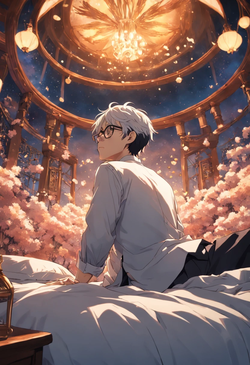 there is a man wearing glasses and a white shirt, 8k Suchen、harf、wedding photo、Empty and godless、pondering，on top of the bed
